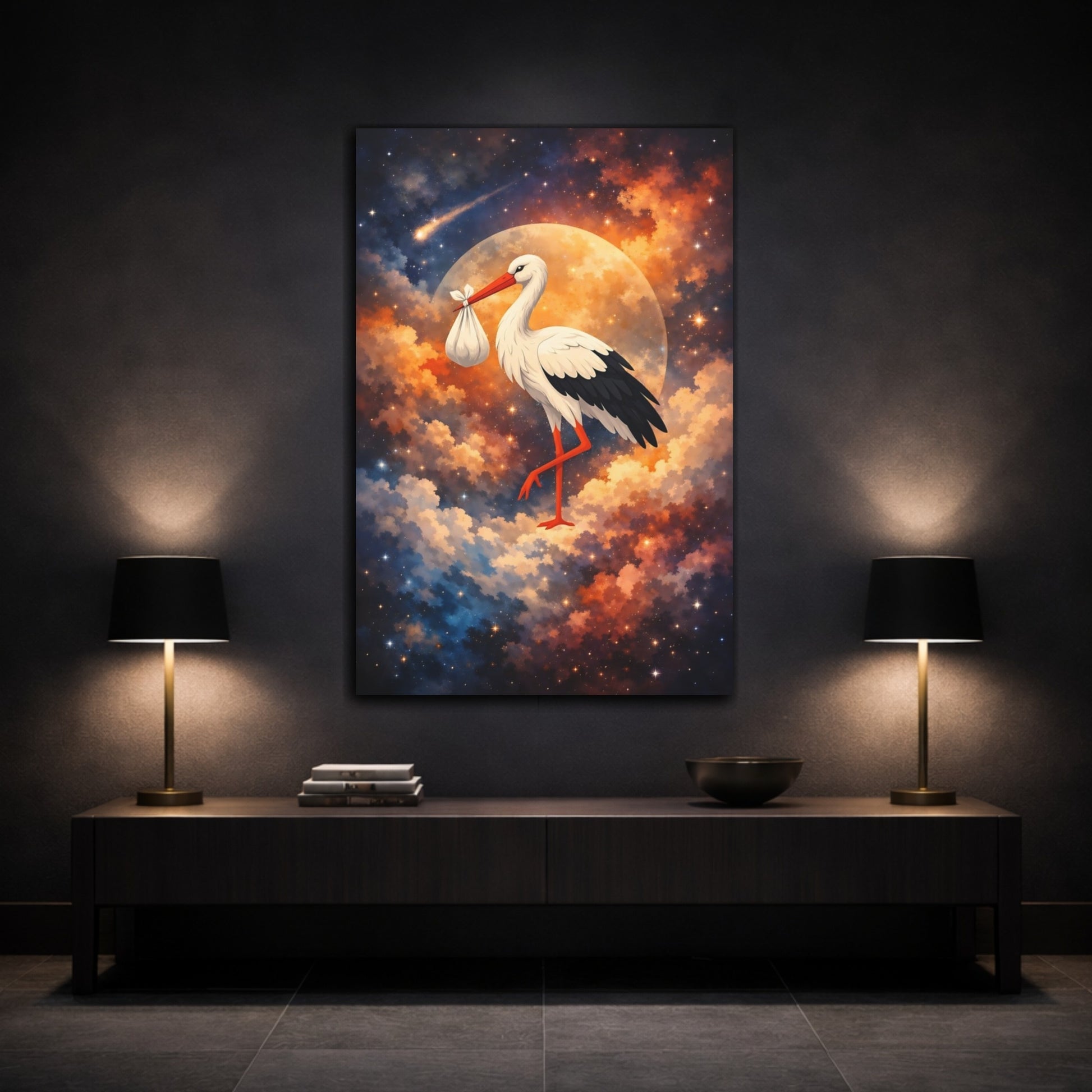 Mockup 2. Fairytale Stork Stork Baby Celestial shown as stretched canvas wall art