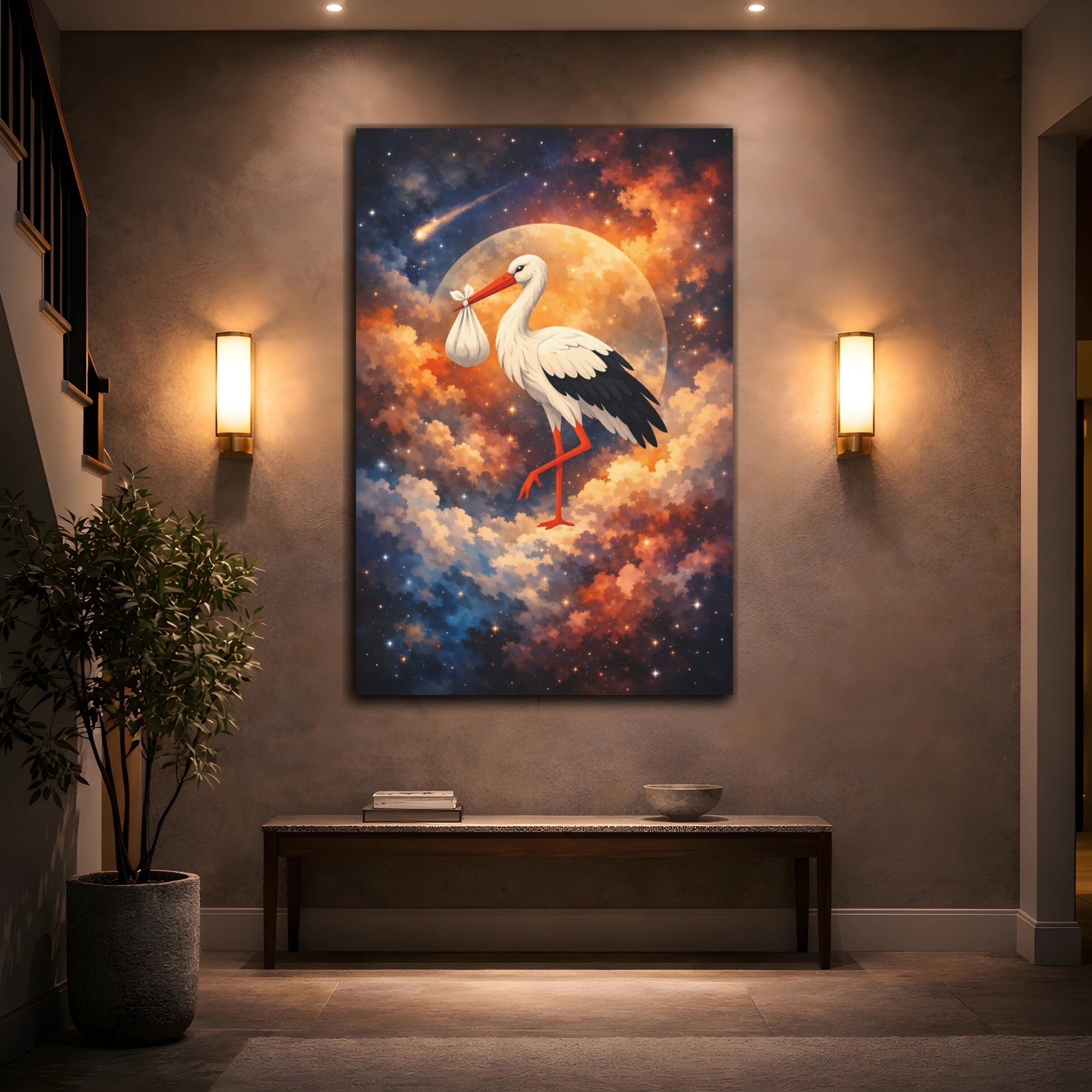 Mockup 3. Fairytale Stork Stork Baby Celestial shown as stretched canvas wall art