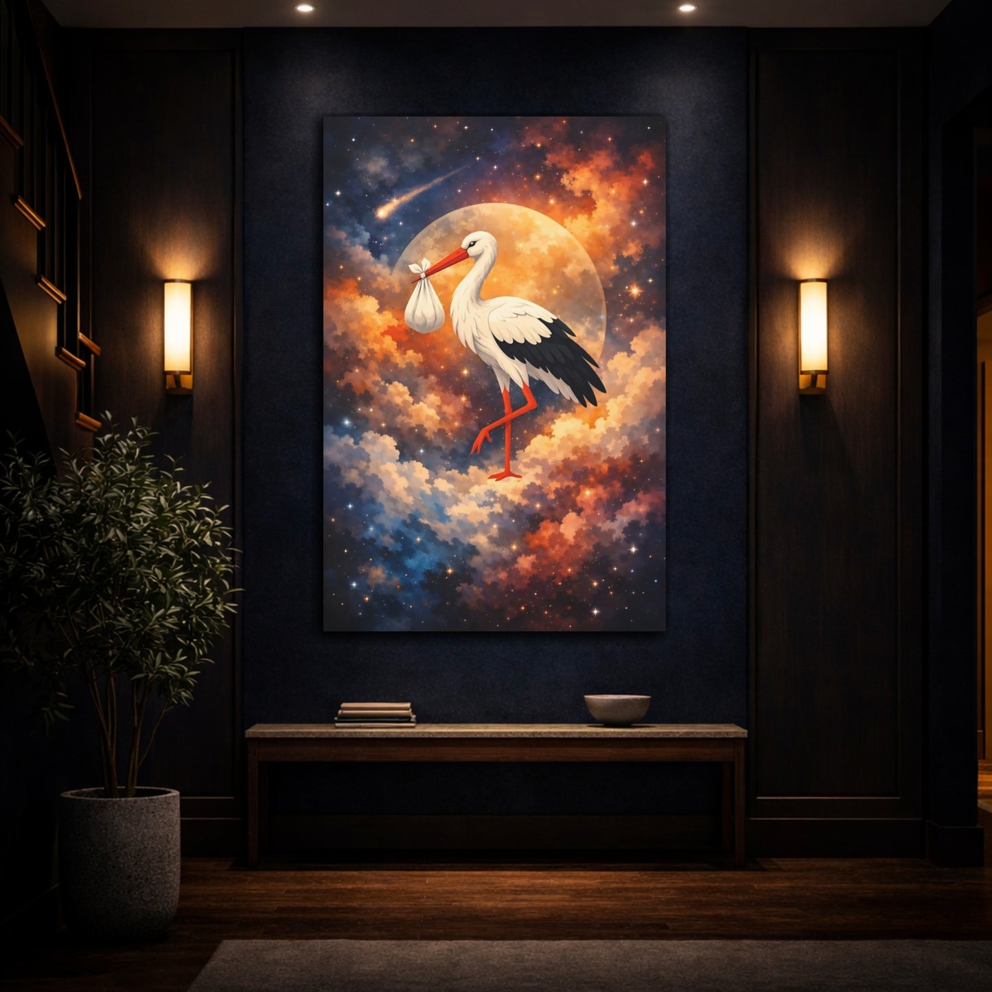 Mockup 4. Fairytale Stork Stork Baby Celestial shown as stretched canvas wall art