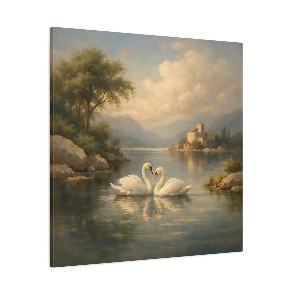 Main Mockup. Fairytale Swans Romantic Swans shown as stretched canvas wall art