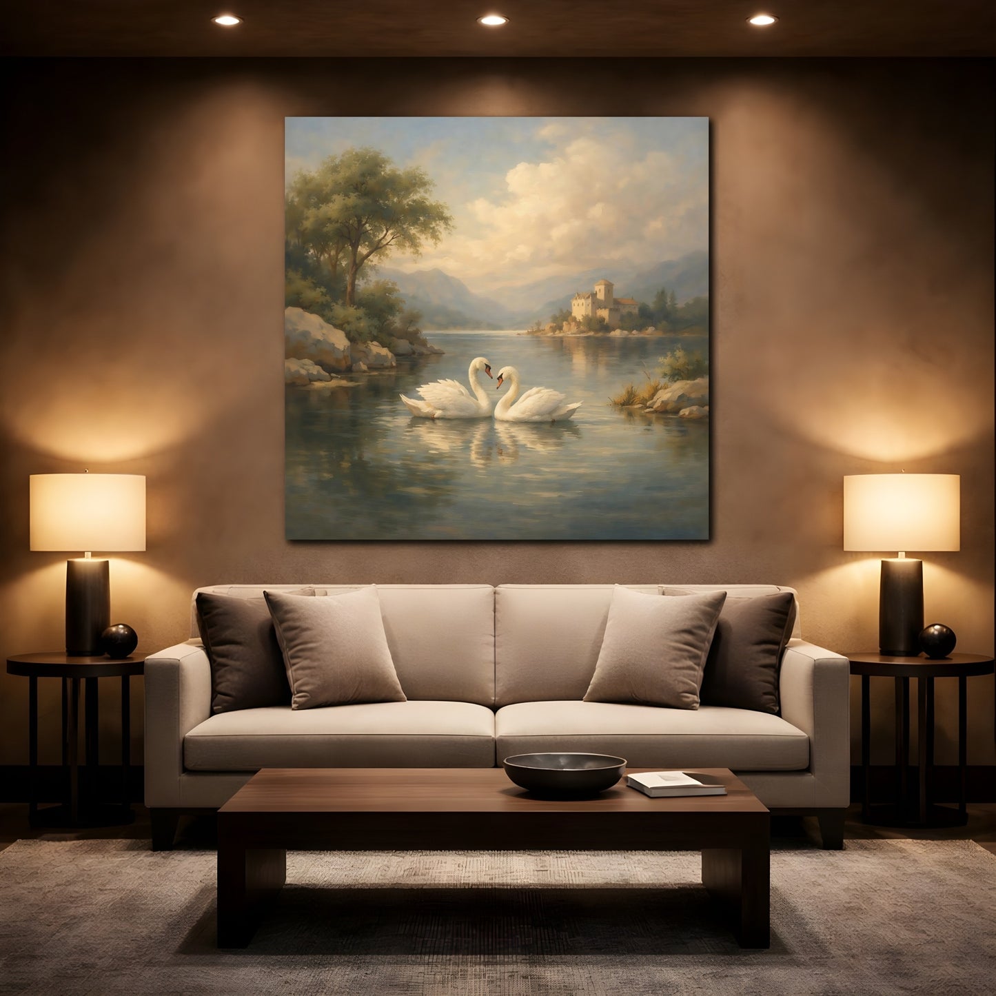 Mockup 2. Fairytale Swans Romantic Swans shown as stretched canvas wall art