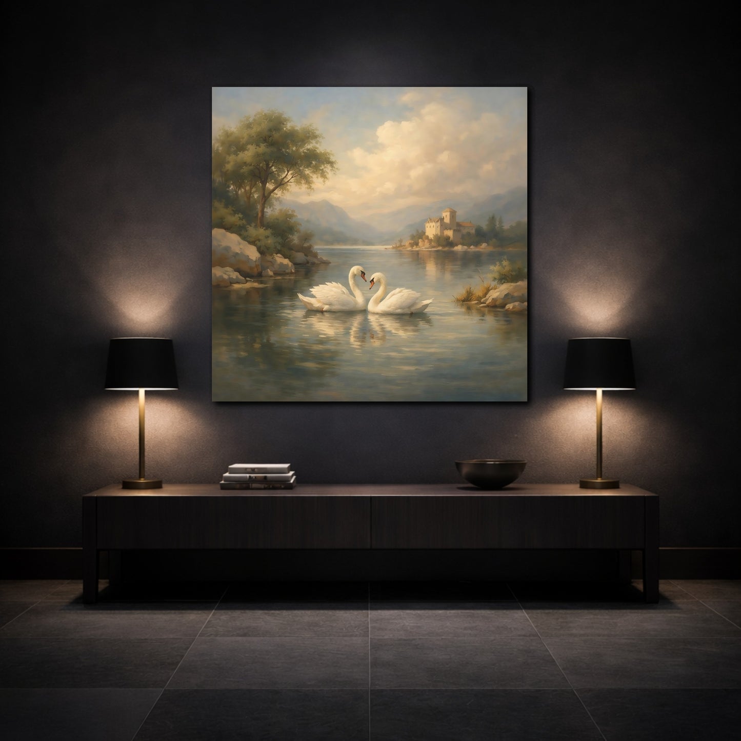 Mockup 3. Fairytale Swans Romantic Swans shown as stretched canvas wall art