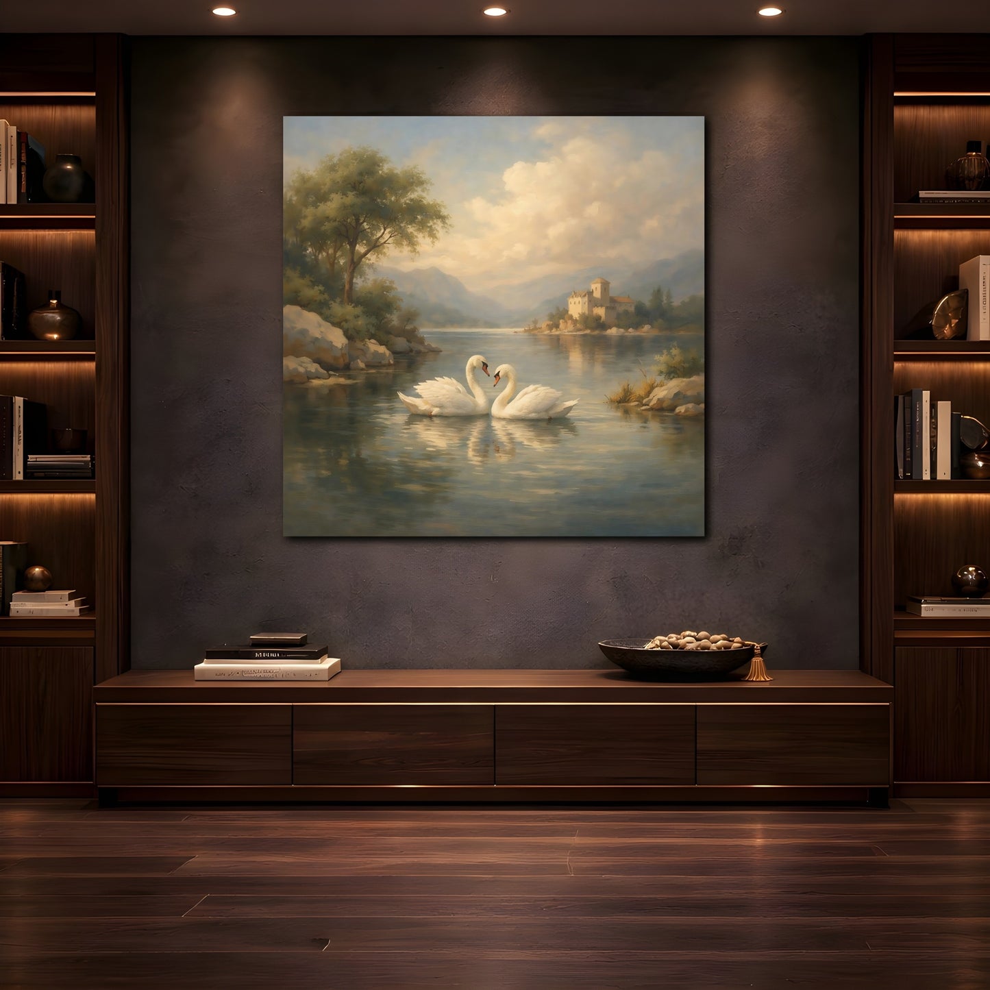 Mockup 4. Fairytale Swans Romantic Swans shown as stretched canvas wall art