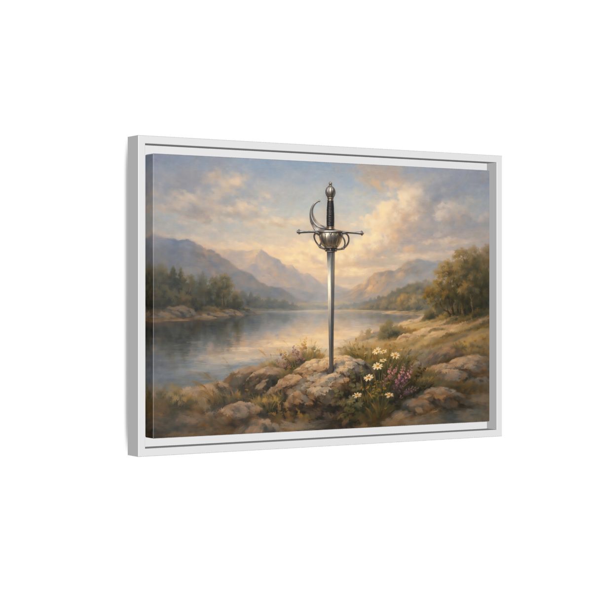 Side Mockup 1. Fairytale Sword Sword Lake Landscape shown as stretched canvas wall art