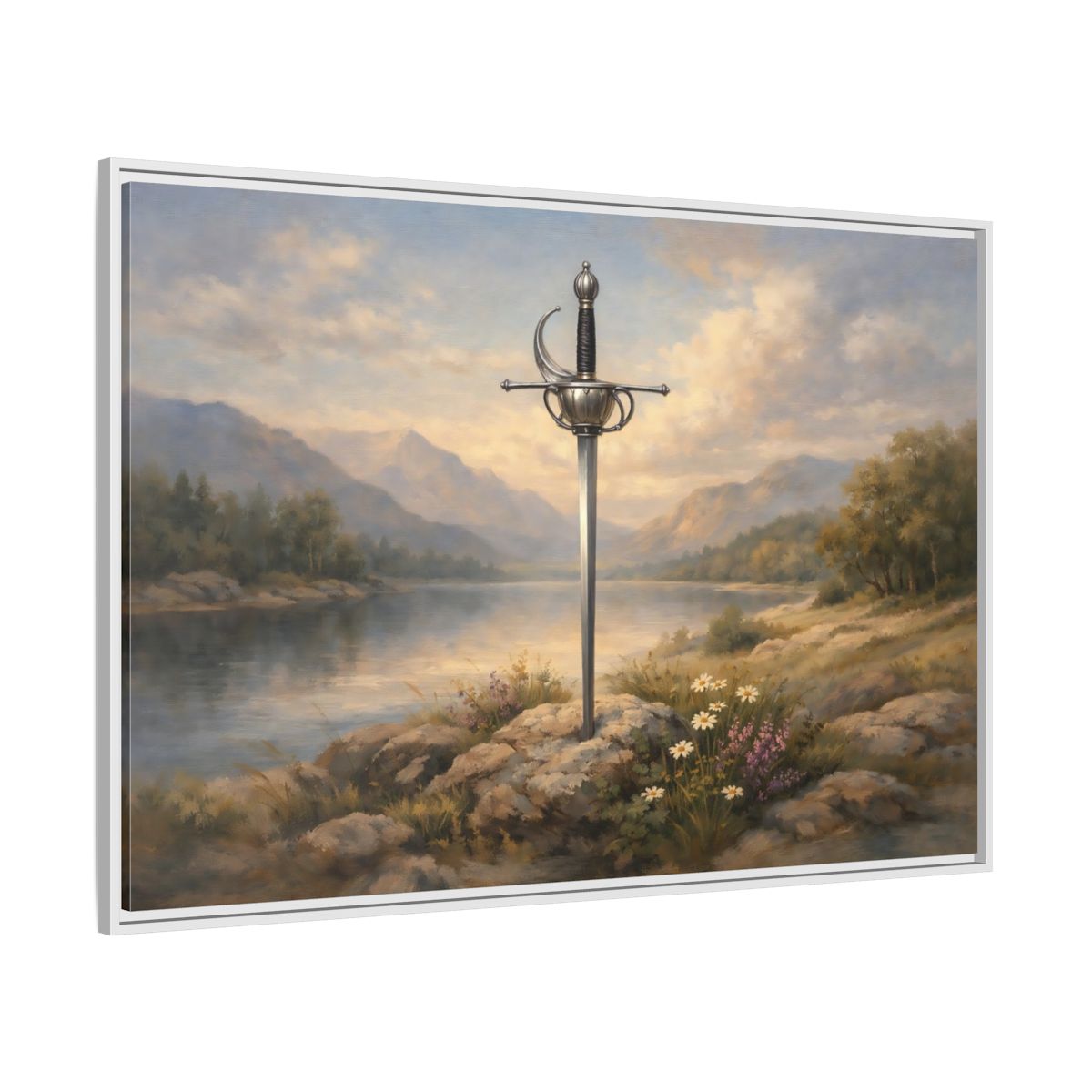 Side Mockup 7. Fairytale Sword Sword Lake Landscape shown as stretched canvas wall art
