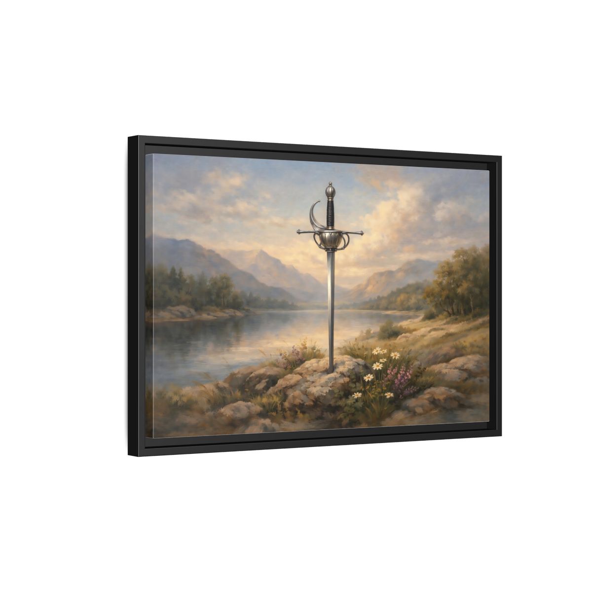 Side Mockup 3. Fairytale Sword Sword Lake Landscape shown as stretched canvas wall art