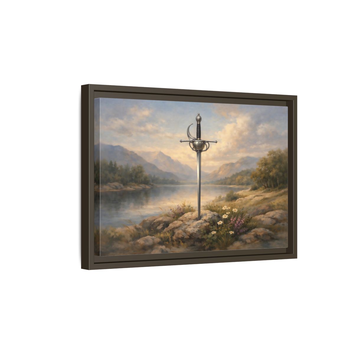 Side Mockup 5. Fairytale Sword Sword Lake Landscape shown as stretched canvas wall art