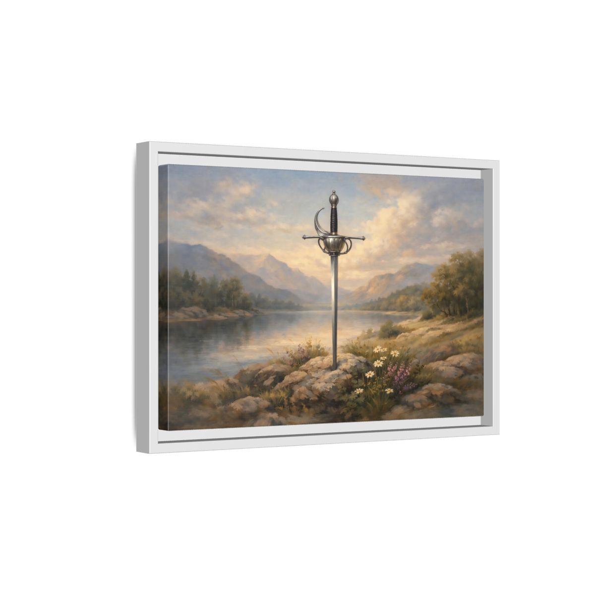 Side Mockup 4. Fairytale Sword Sword Lake Landscape shown as stretched canvas wall art