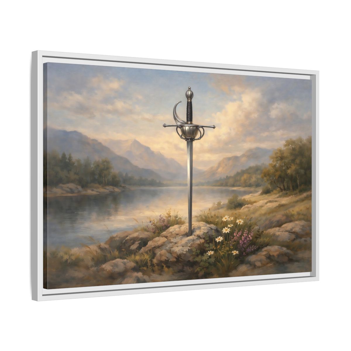 Side Mockup 10. Fairytale Sword Sword Lake Landscape shown as stretched canvas wall art