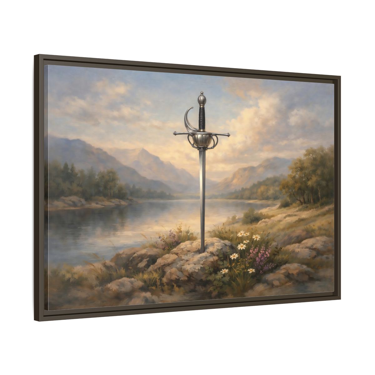 Side Mockup 9. Fairytale Sword Sword Lake Landscape shown as stretched canvas wall art