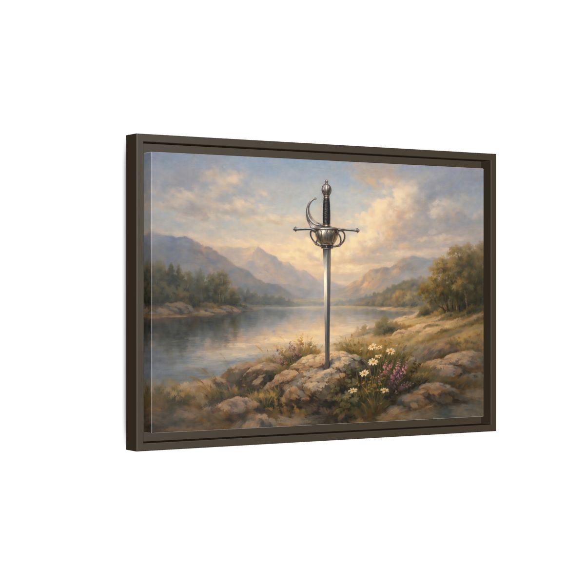 Side Mockup 2. Fairytale Sword Sword Lake Landscape shown as stretched canvas wall art