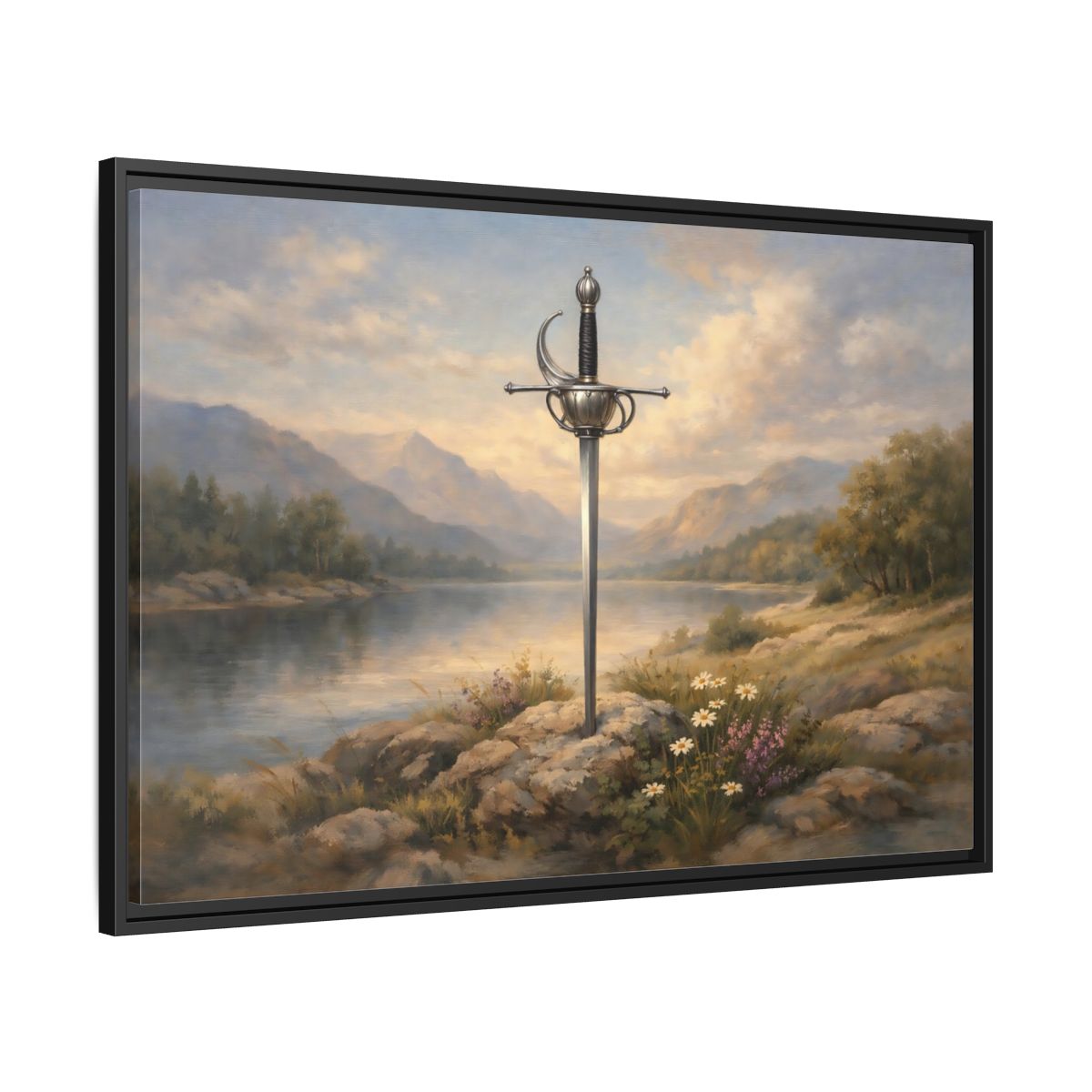 Side Mockup 13. Fairytale Sword Sword Lake Landscape shown as stretched canvas wall art