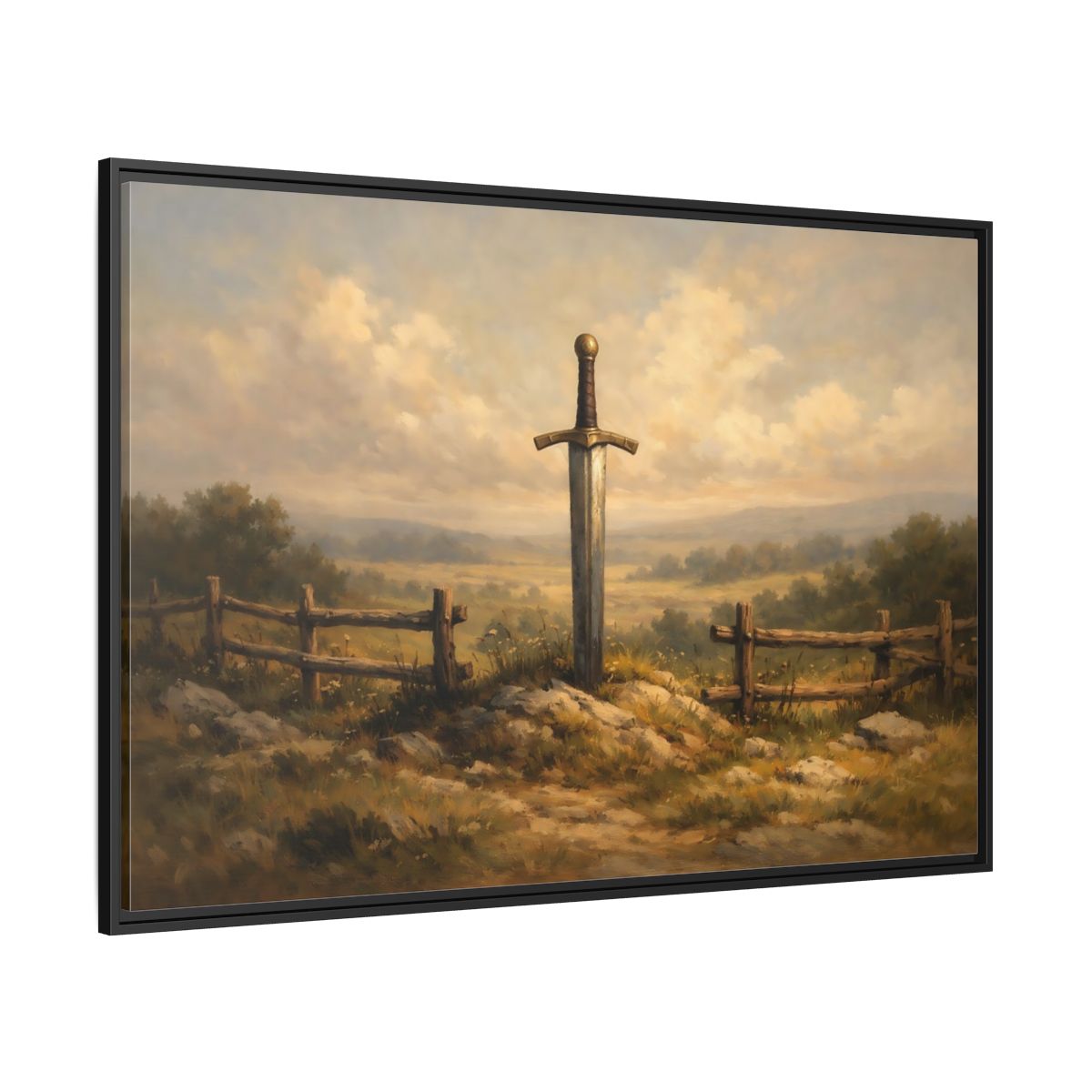 Side Mockup 12. Fairytale Sword Mythical Sword Landscape shown as stretched canvas wall art