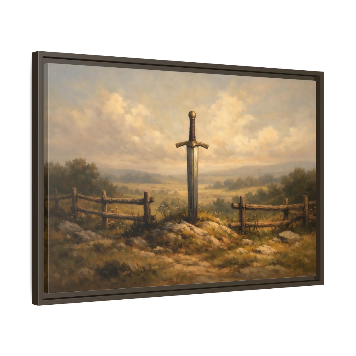 Side Mockup 11. Fairytale Sword Mythical Sword Landscape shown as stretched canvas wall art