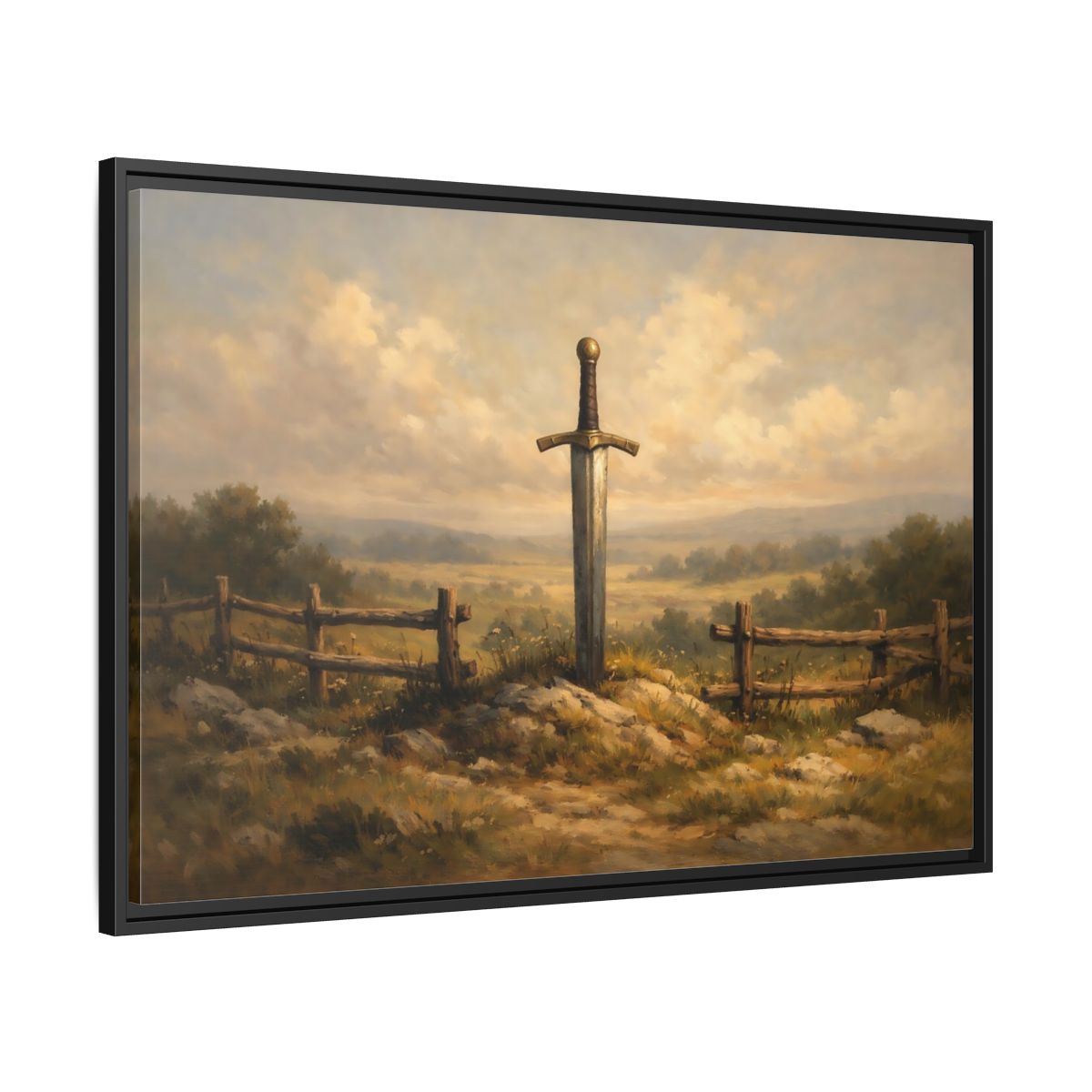 Side Mockup 13. Fairytale Sword Mythical Sword Landscape shown as stretched canvas wall art