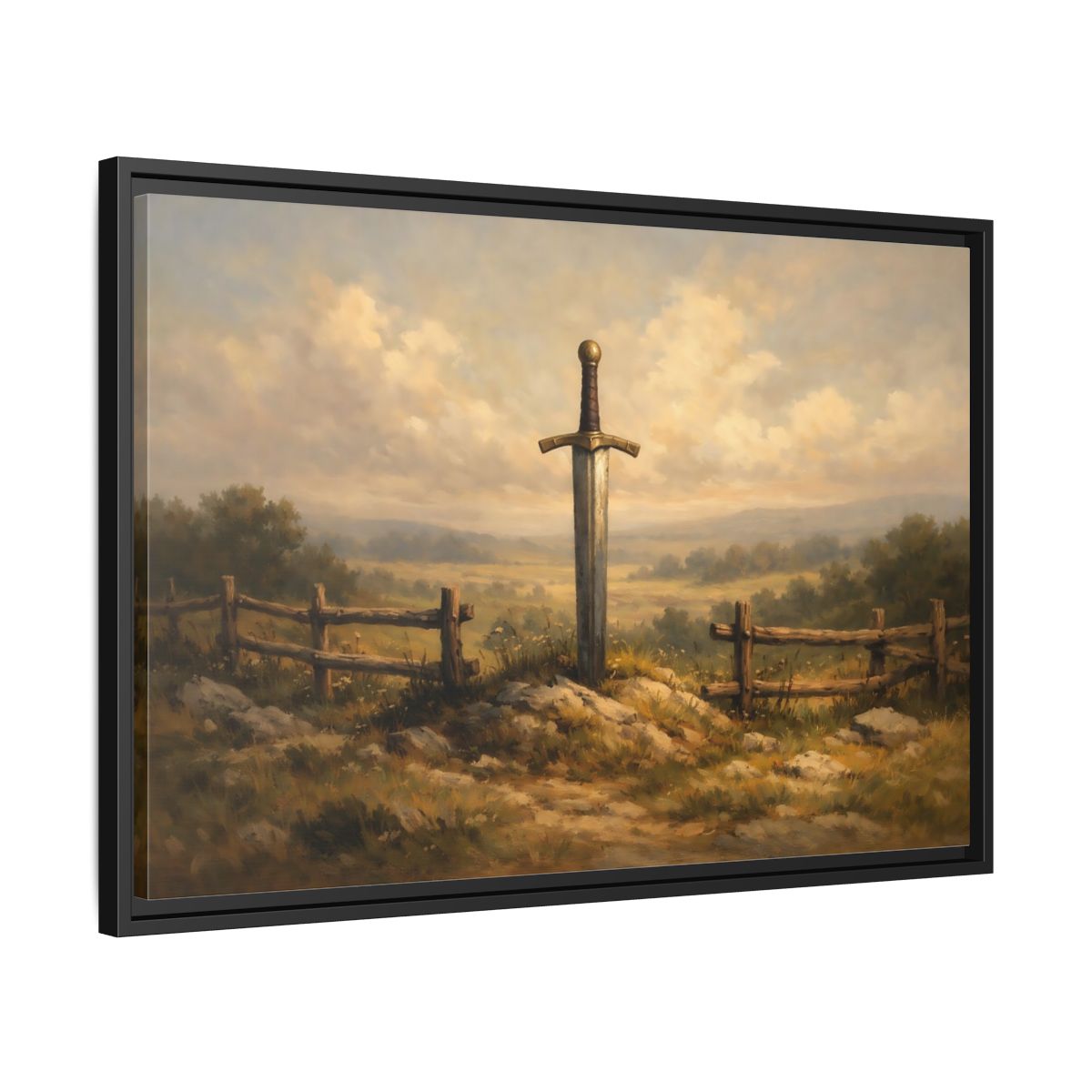 Side Mockup 14. Fairytale Sword Mythical Sword Landscape shown as stretched canvas wall art