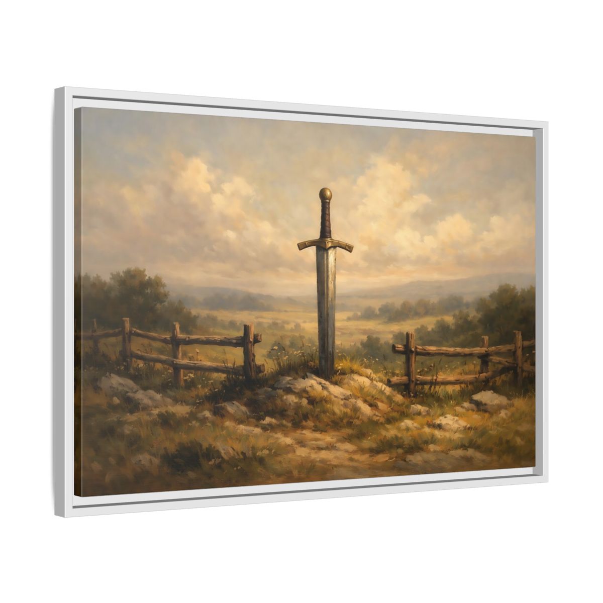 Side Mockup 10. Fairytale Sword Mythical Sword Landscape shown as stretched canvas wall art