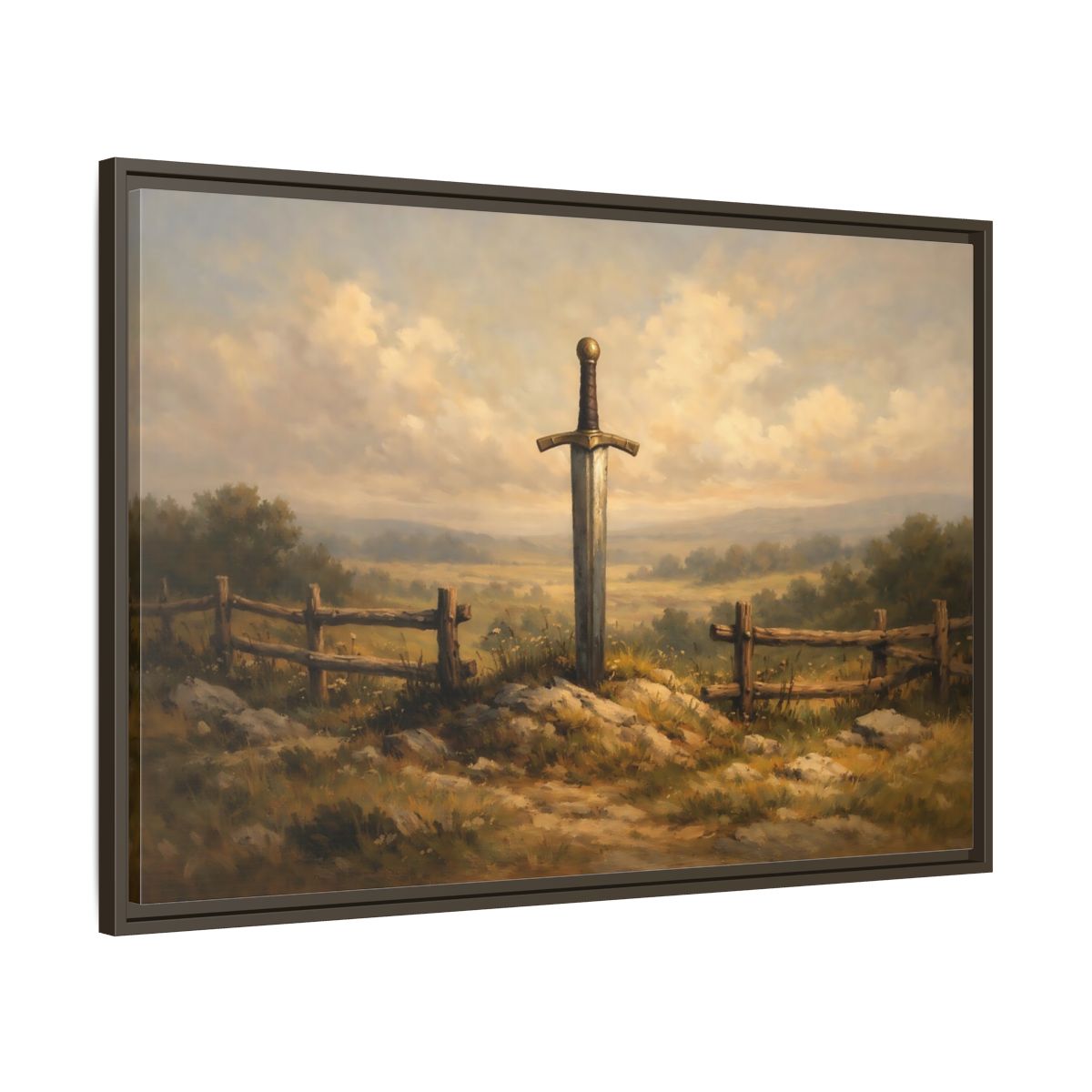 Side Mockup 9. Fairytale Sword Mythical Sword Landscape shown as stretched canvas wall art