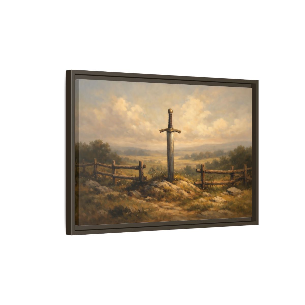 Side Mockup 2. Fairytale Sword Mythical Sword Landscape shown as stretched canvas wall art
