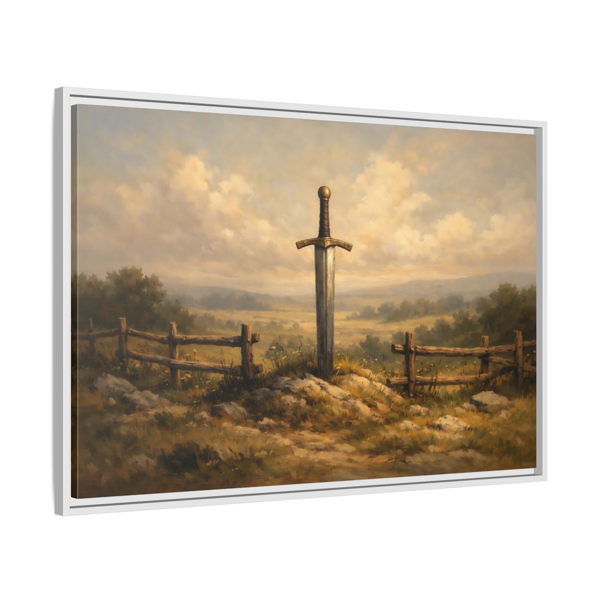 Side Mockup 8. Fairytale Sword Mythical Sword Landscape shown as stretched canvas wall art
