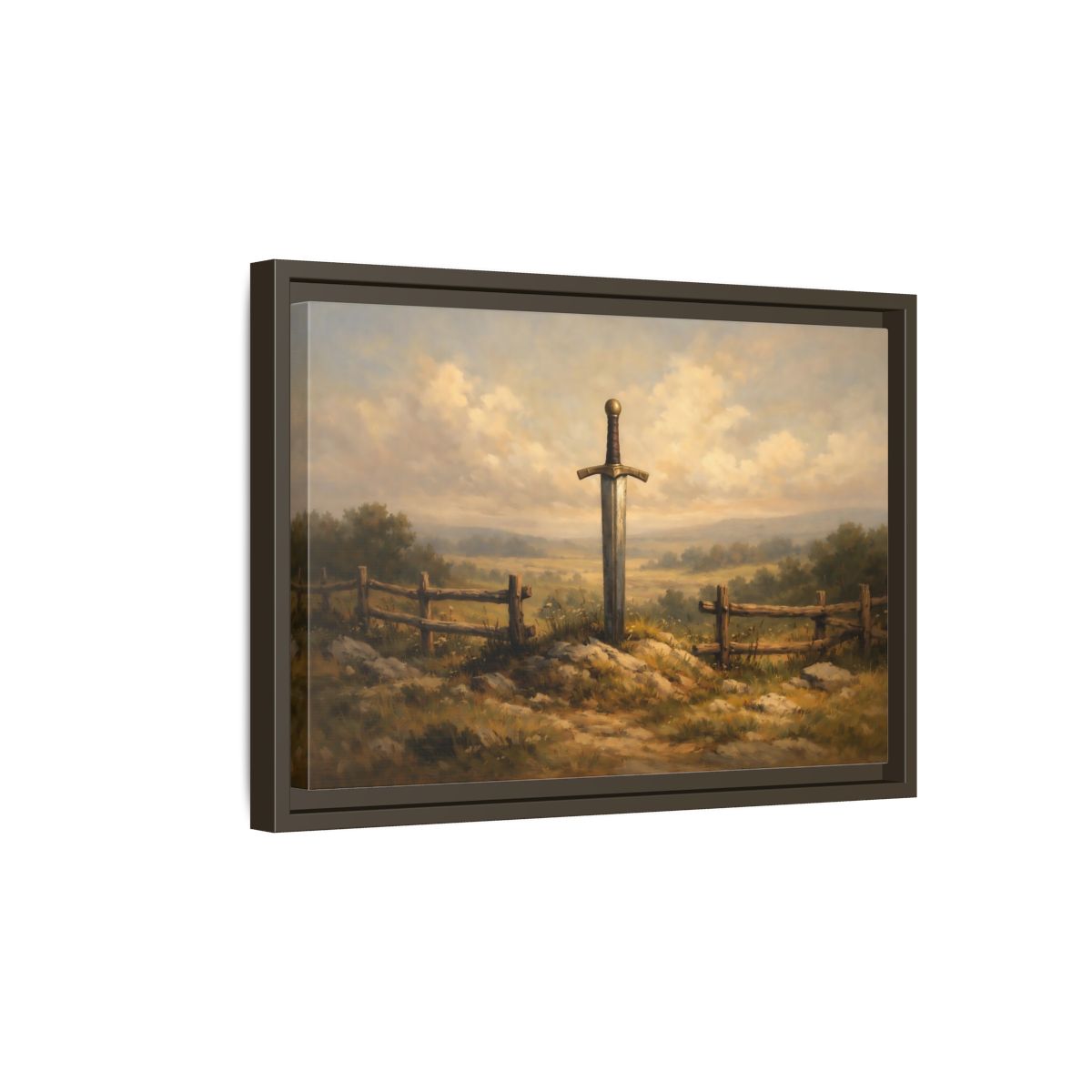 Side Mockup 5. Fairytale Sword Mythical Sword Landscape shown as stretched canvas wall art