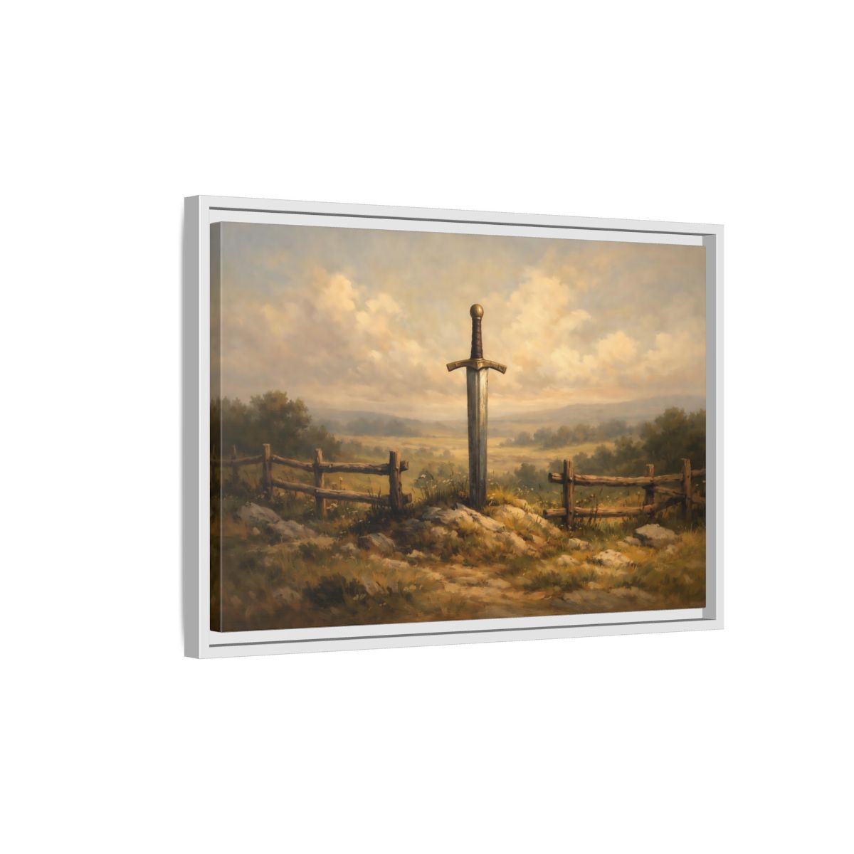 Side Mockup 1. Fairytale Sword Mythical Sword Landscape shown as stretched canvas wall art