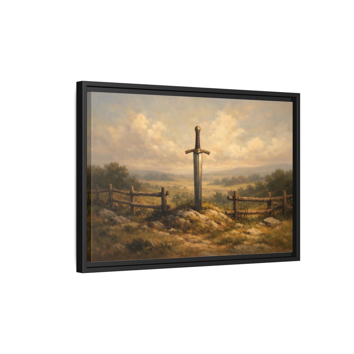 Side Mockup 3. Fairytale Sword Mythical Sword Landscape shown as stretched canvas wall art