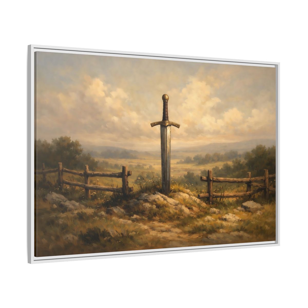 Side Mockup 7. Fairytale Sword Mythical Sword Landscape shown as stretched canvas wall art