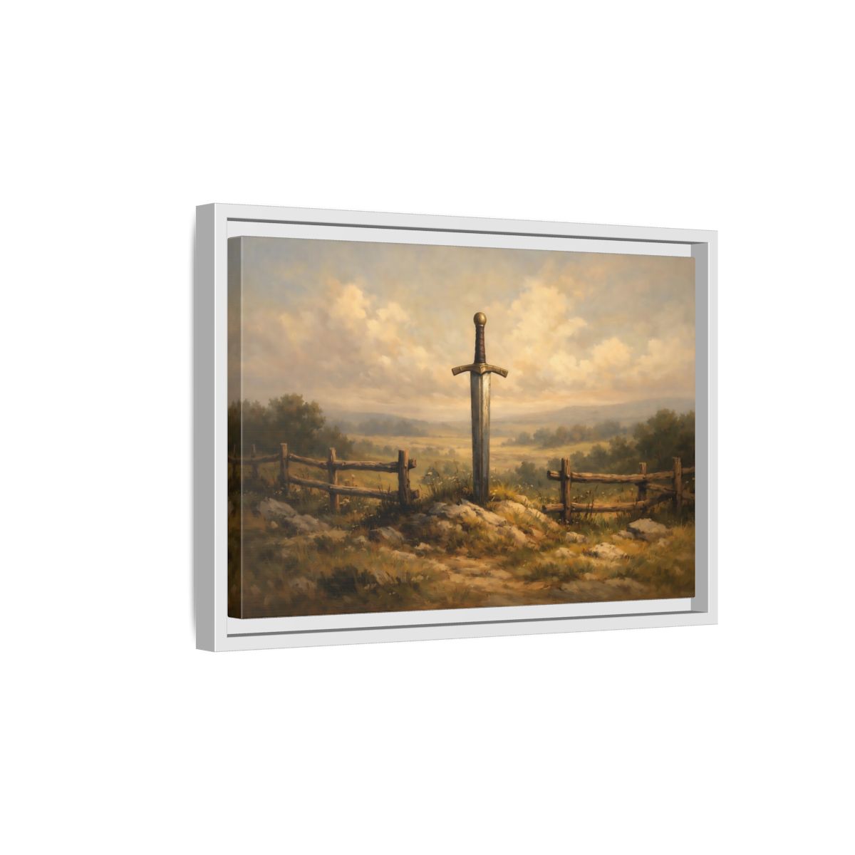 Side Mockup 4. Fairytale Sword Mythical Sword Landscape shown as stretched canvas wall art
