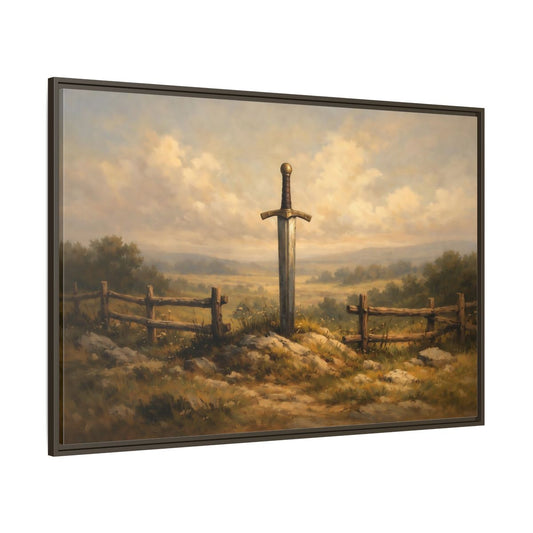 Main Mockup. Fairytale Sword Mythical Sword Landscape shown as stretched canvas wall art