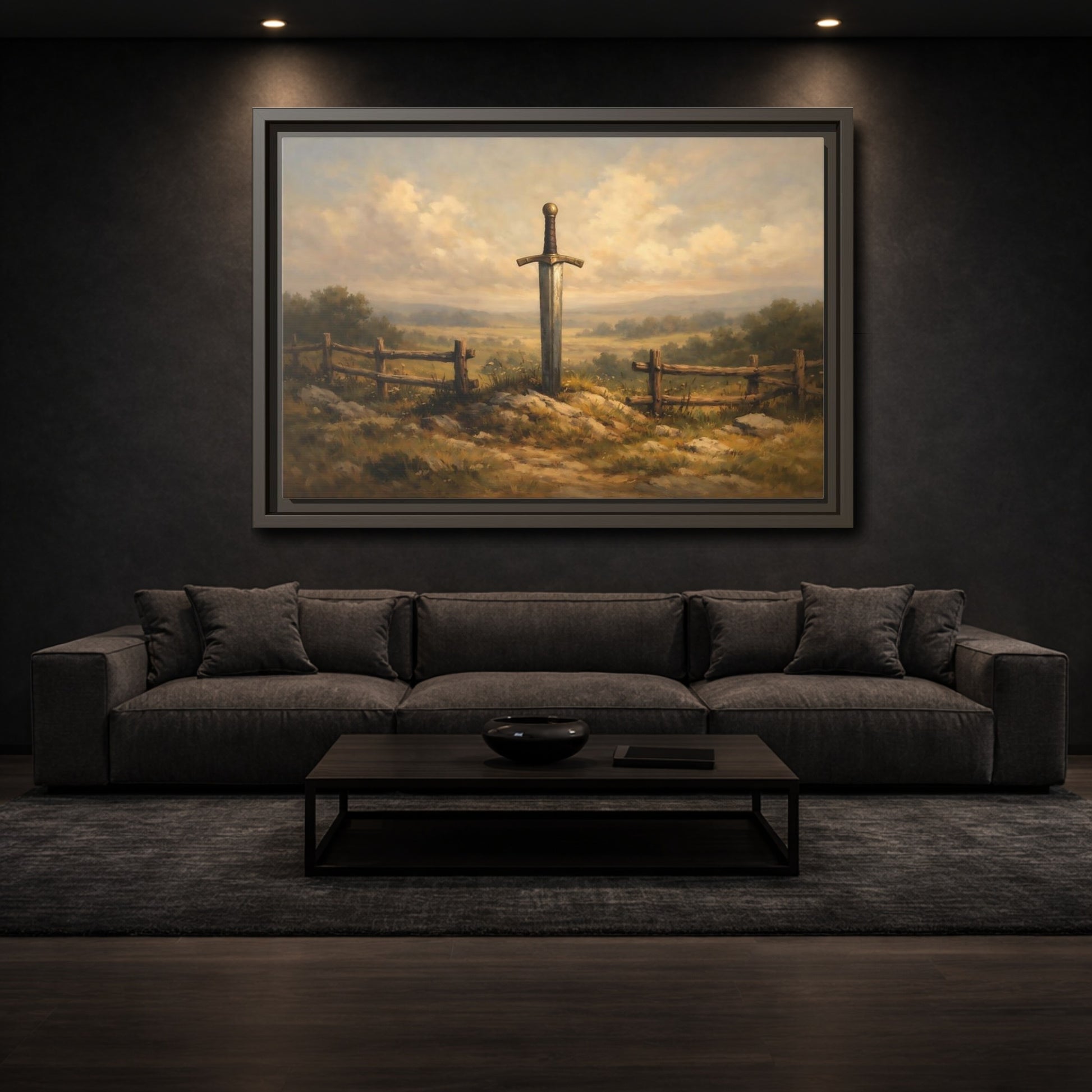 Mockup 2. Fairytale Sword Mythical Sword Landscape shown as stretched canvas wall art