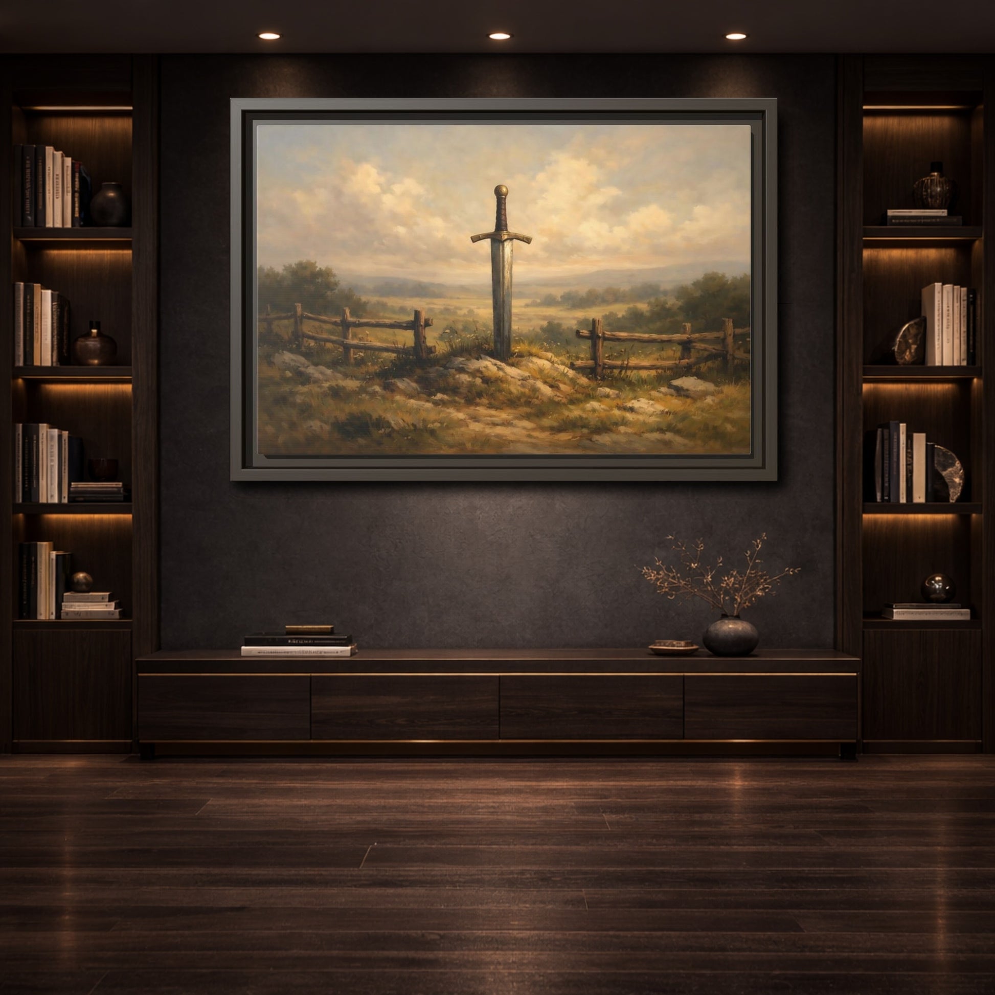 Mockup 3. Fairytale Sword Mythical Sword Landscape shown as stretched canvas wall art