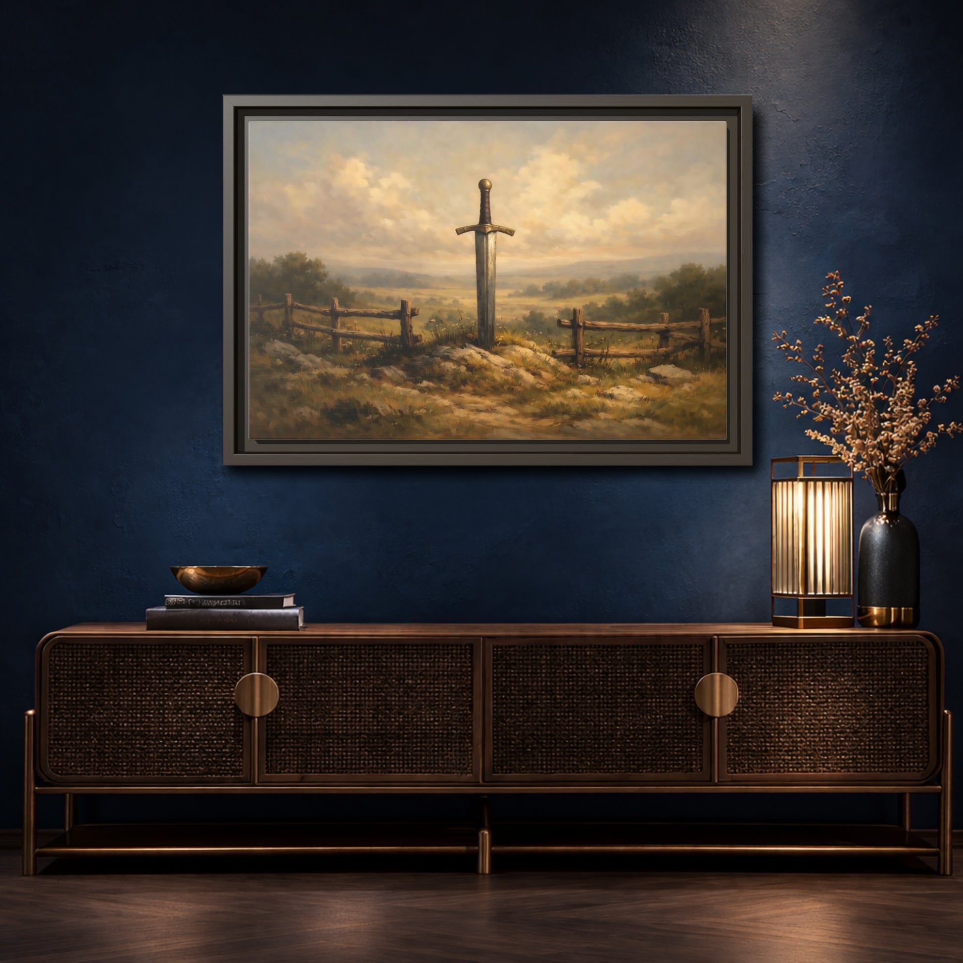 Mockup 4. Fairytale Sword Mythical Sword Landscape shown as stretched canvas wall art