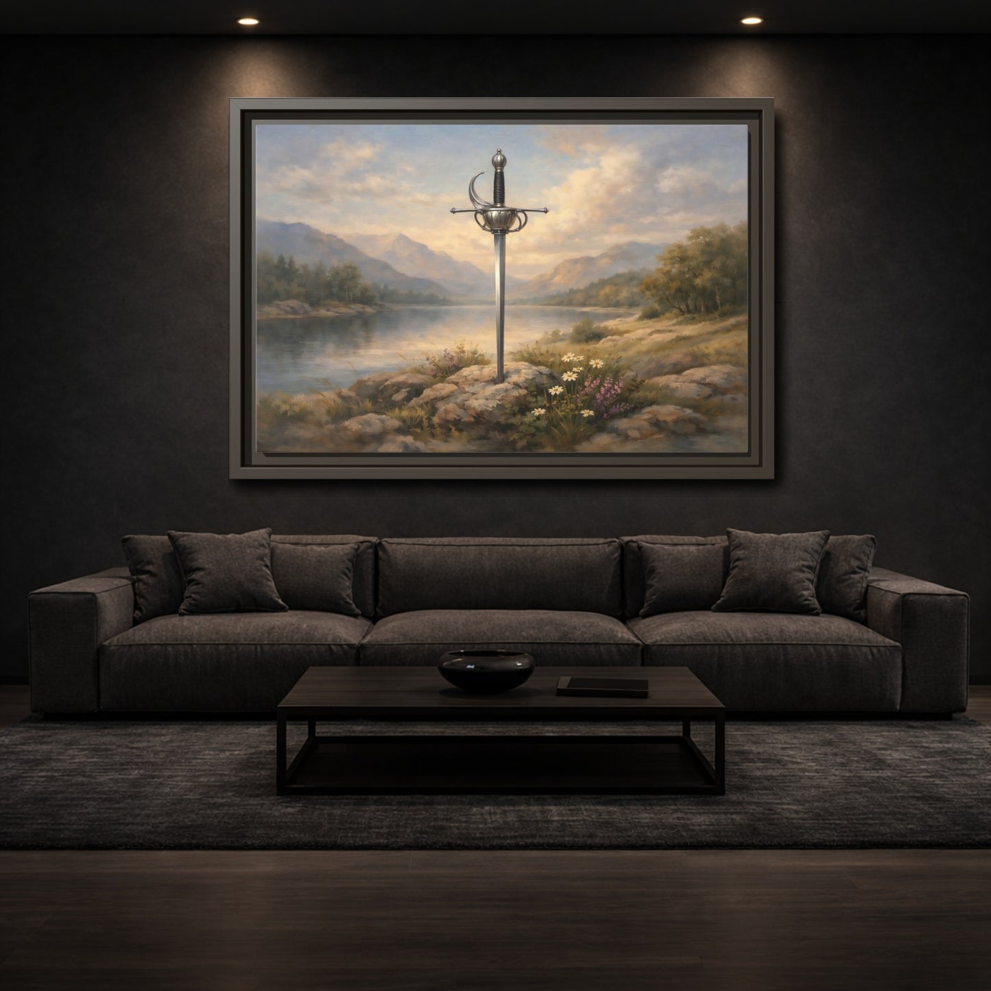 Mockup 2. Fairytale Sword Sword Lake Landscape shown as stretched canvas wall art