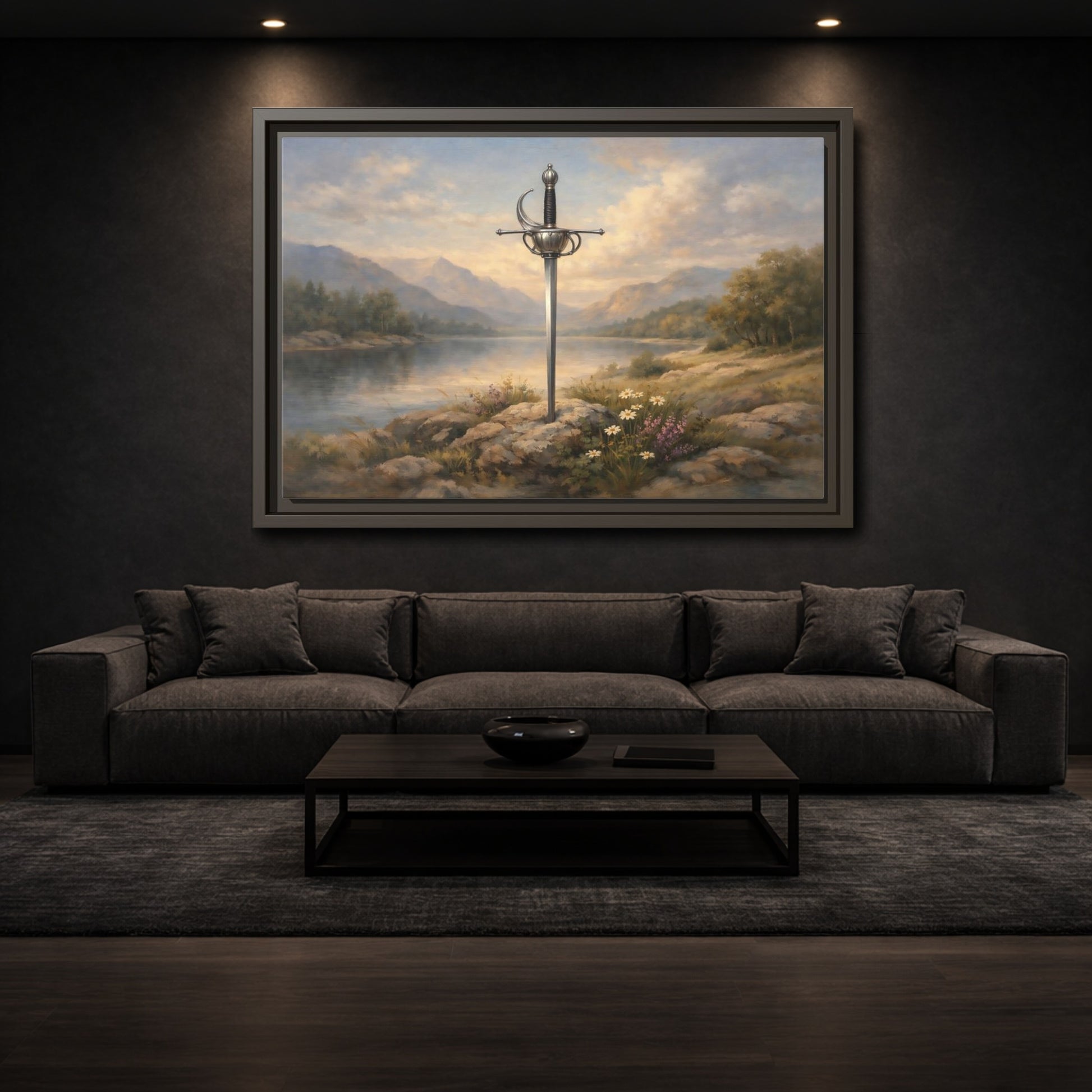 Mockup 2. Fairytale Sword Sword Lake Landscape shown as stretched canvas wall art