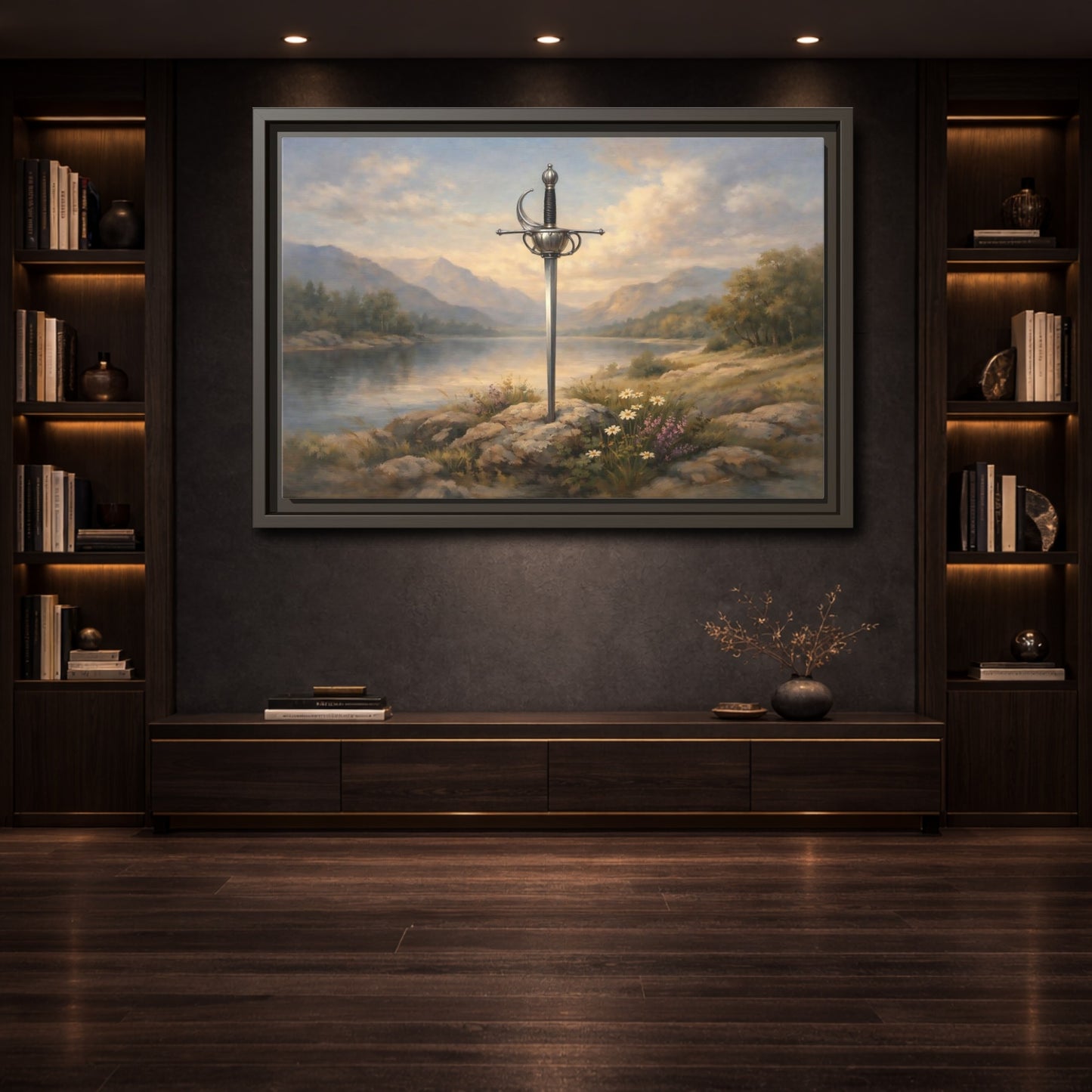 Mockup 3. Fairytale Sword Sword Lake Landscape shown as stretched canvas wall art