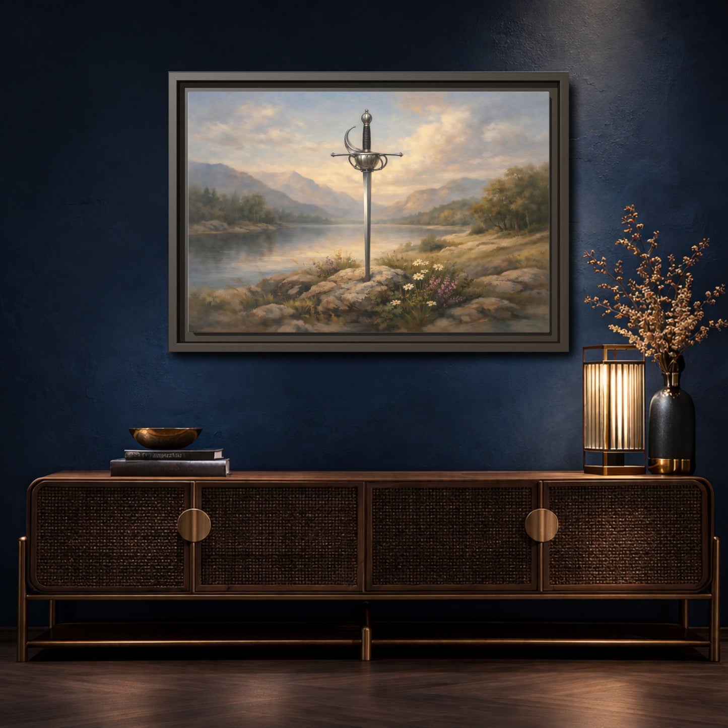 Mockup 4. Fairytale Sword Sword Lake Landscape shown as stretched canvas wall art