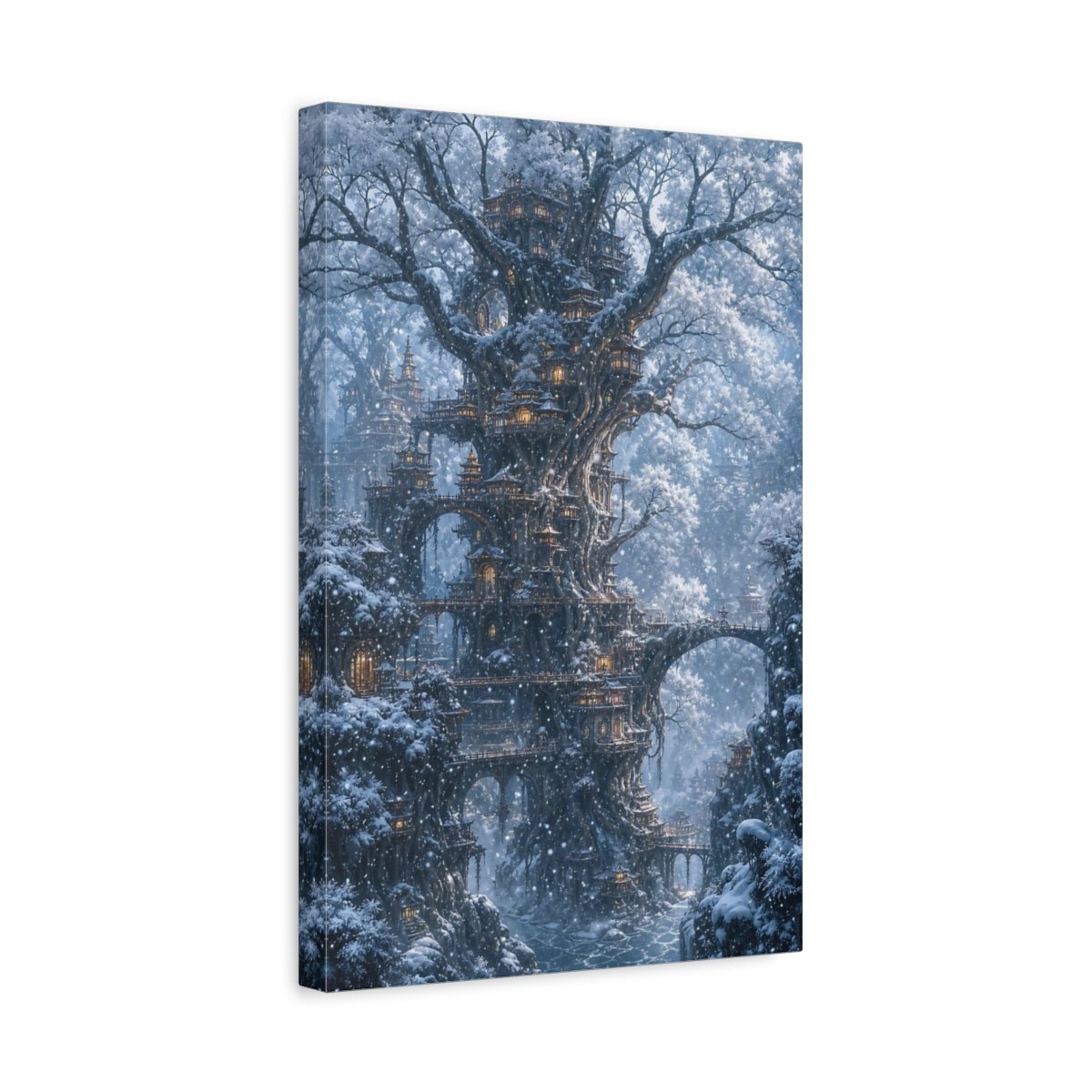 Fairytale Tree City Blue Winter Fantasy Canvas Print – Living Room, Above Console Table - YesArtYes