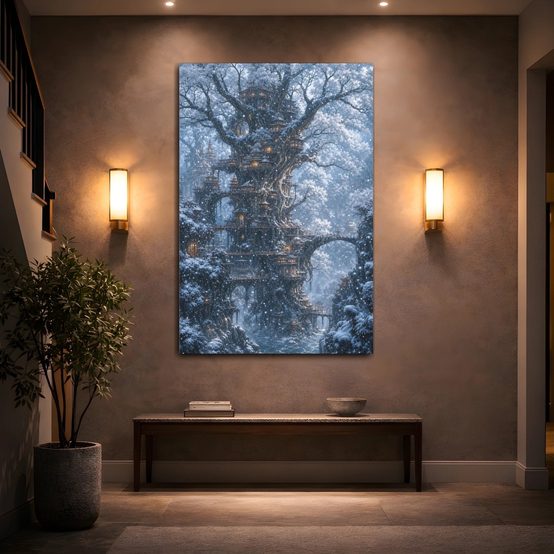 Fairytale Tree City Blue Winter Fantasy Canvas Print – Living Room, Above Console Table - YesArtYes