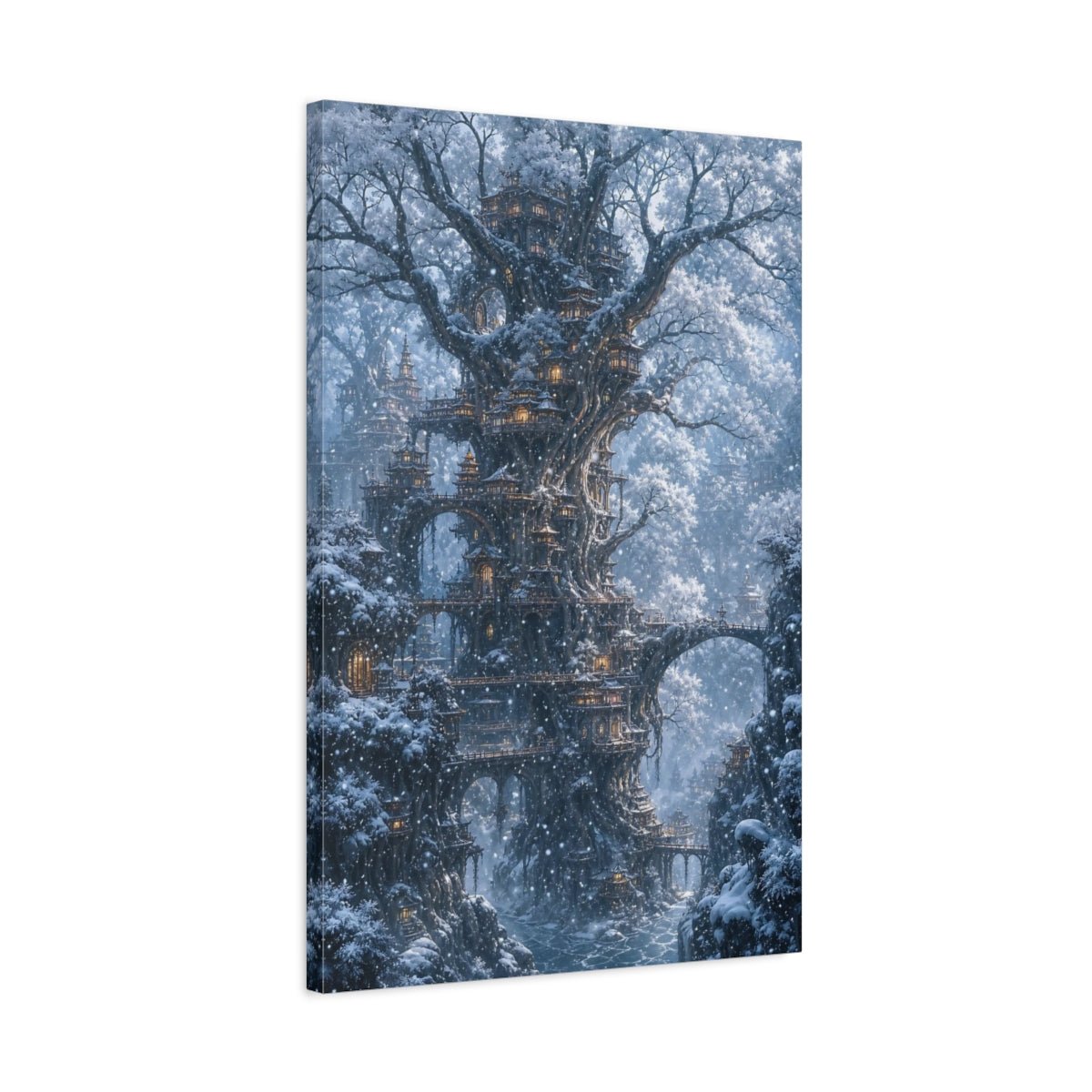 Fairytale Tree City Blue Winter Fantasy Canvas Print – Living Room, Above Console Table - YesArtYes