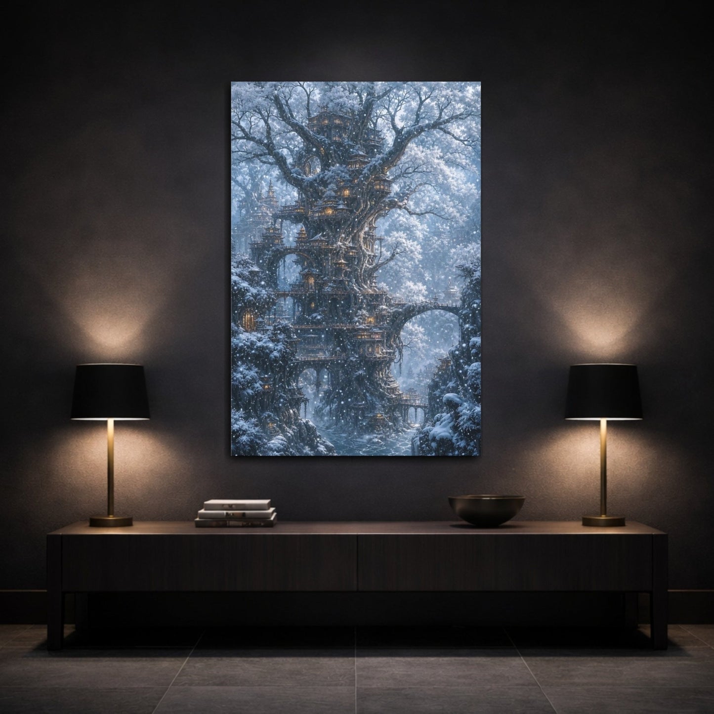 Fairytale Tree City Blue Winter Fantasy Canvas Print – Living Room, Above Console Table - YesArtYes