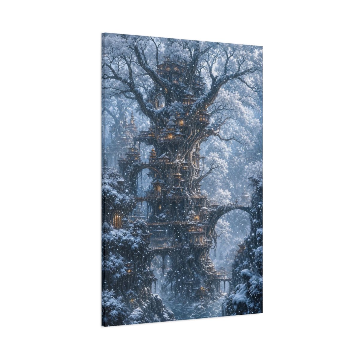Fairytale Tree City Blue Winter Fantasy Canvas Print – Living Room, Above Console Table - YesArtYes