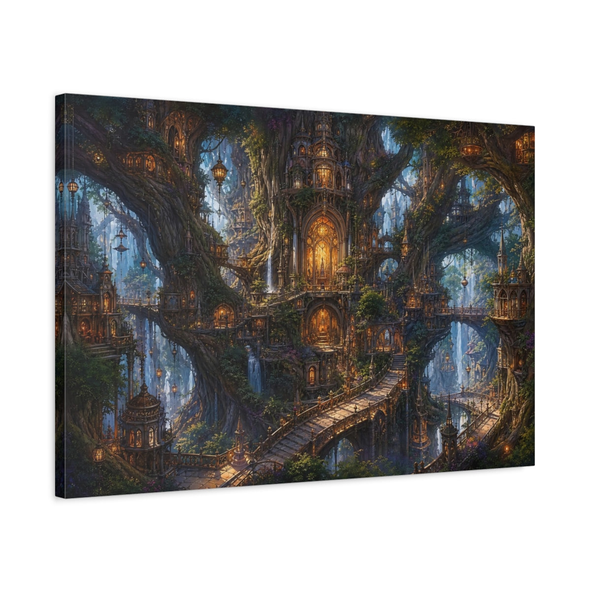 Side Mockup 2. Fairytale Tree City Green And Gold shown as stretched canvas wall art