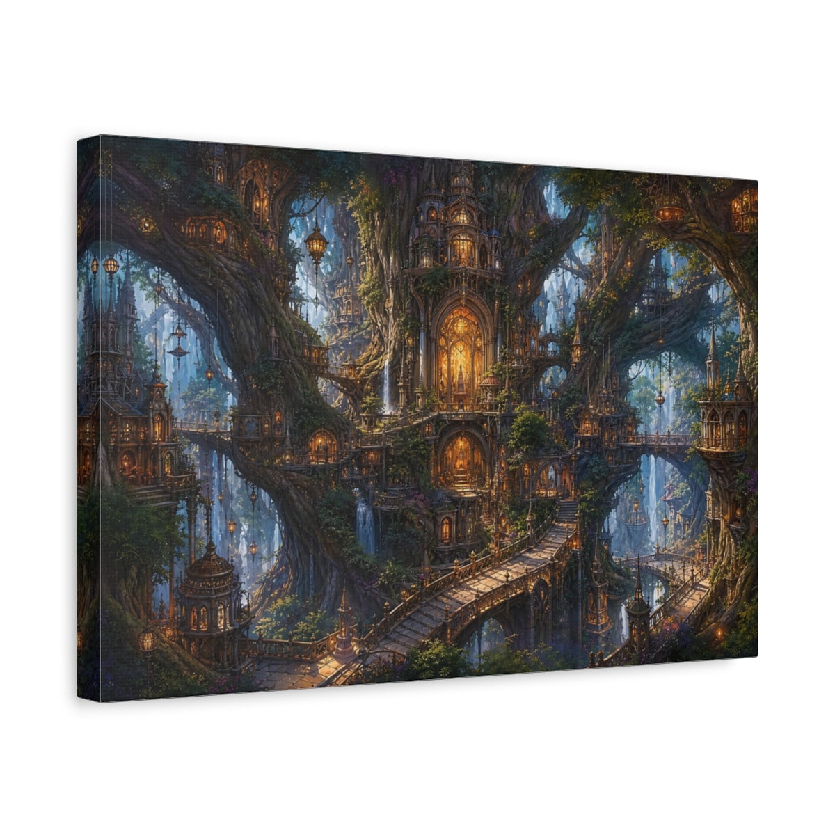 Side Mockup 4. Fairytale Tree City Green And Gold shown as stretched canvas wall art