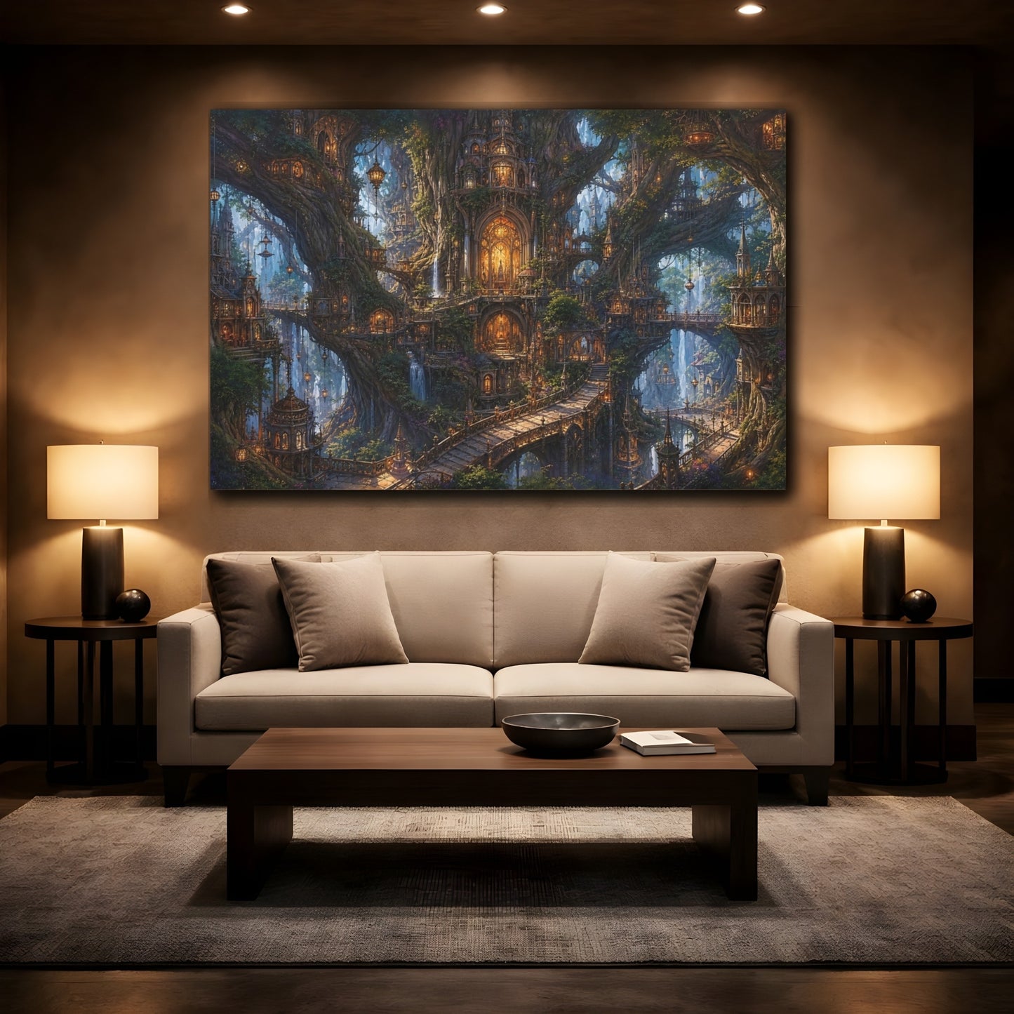 Mockup 2. Fairytale Tree City Green And Gold shown as stretched canvas wall art