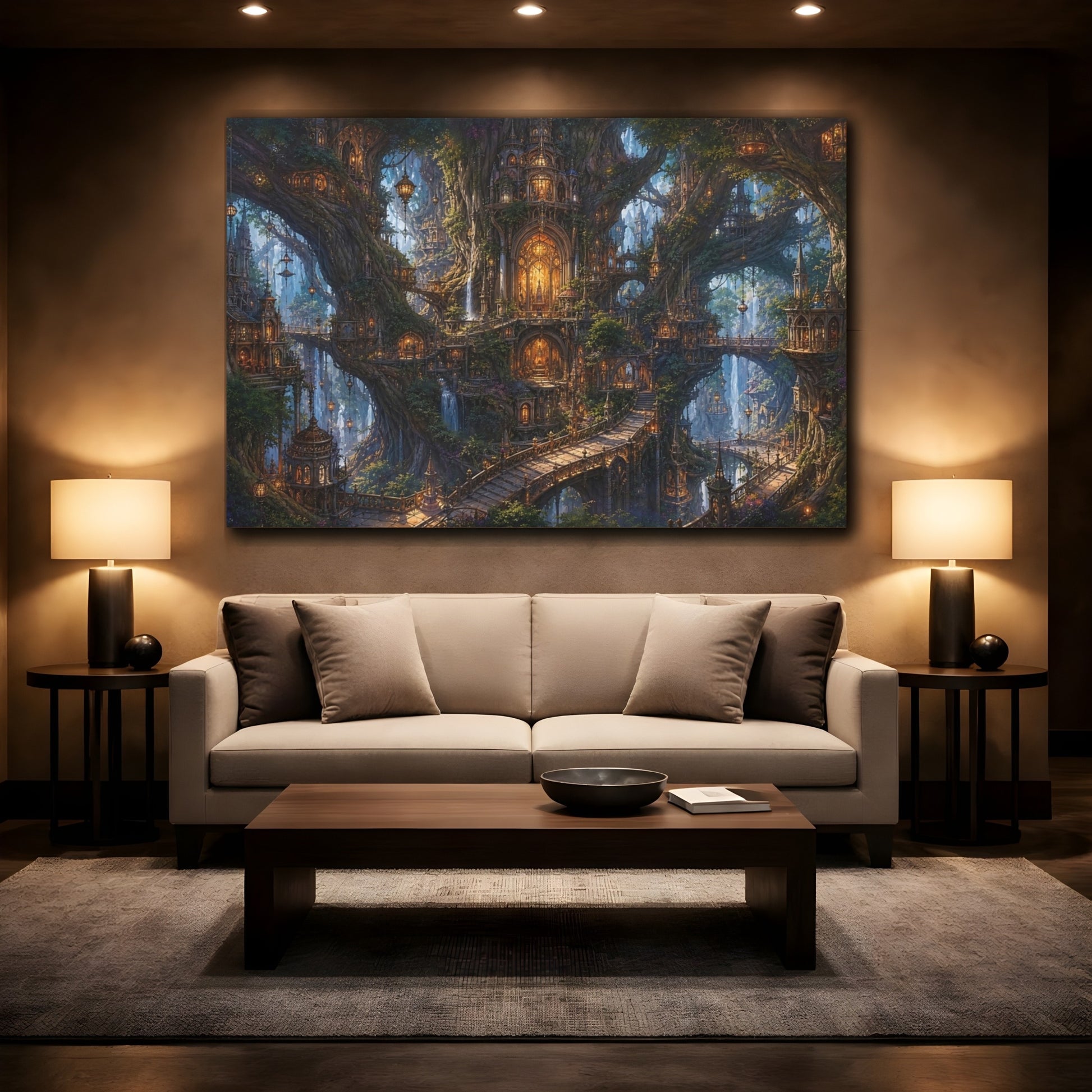 Mockup 2. Fairytale Tree City Green And Gold shown as stretched canvas wall art