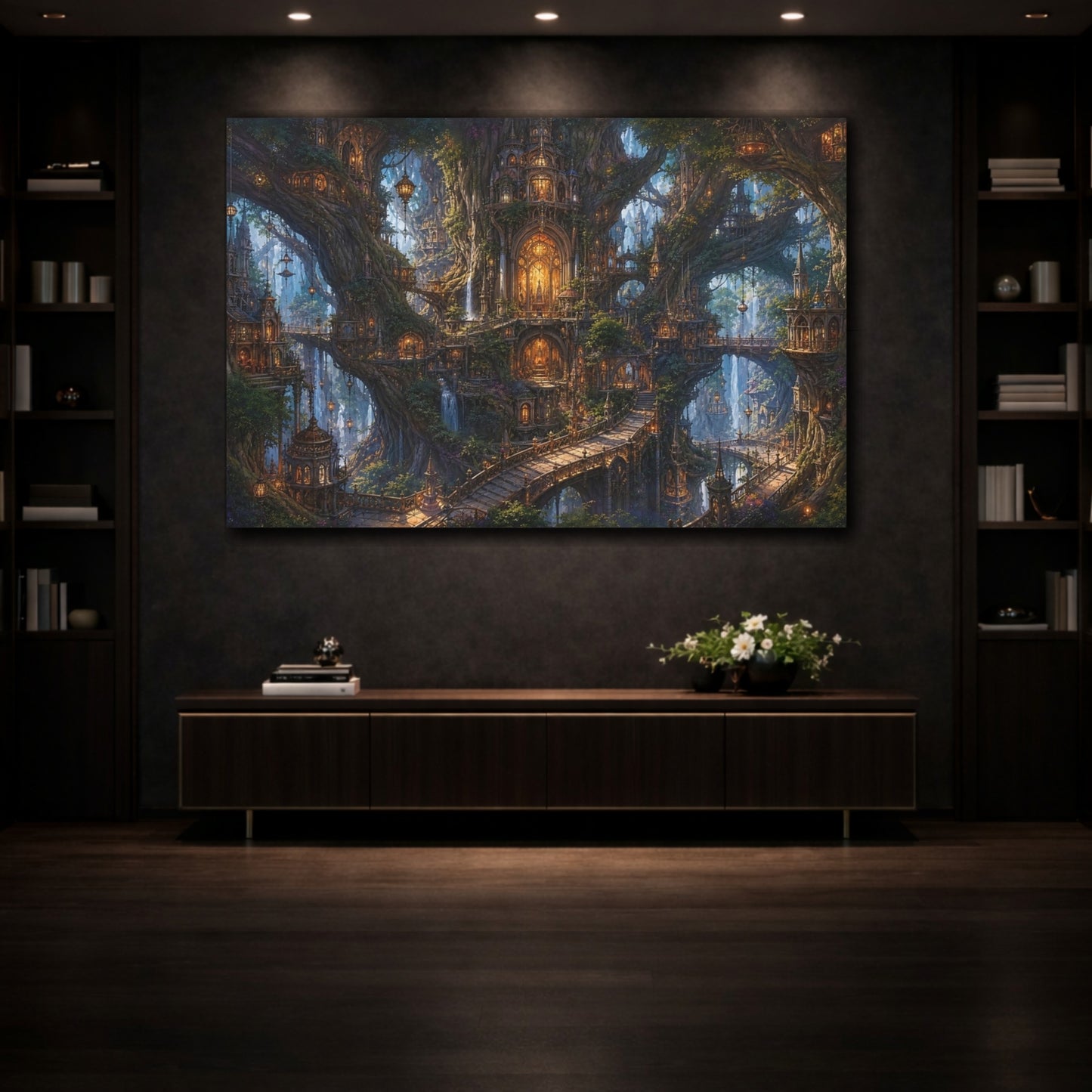 Mockup 3. Fairytale Tree City Green And Gold shown as stretched canvas wall art