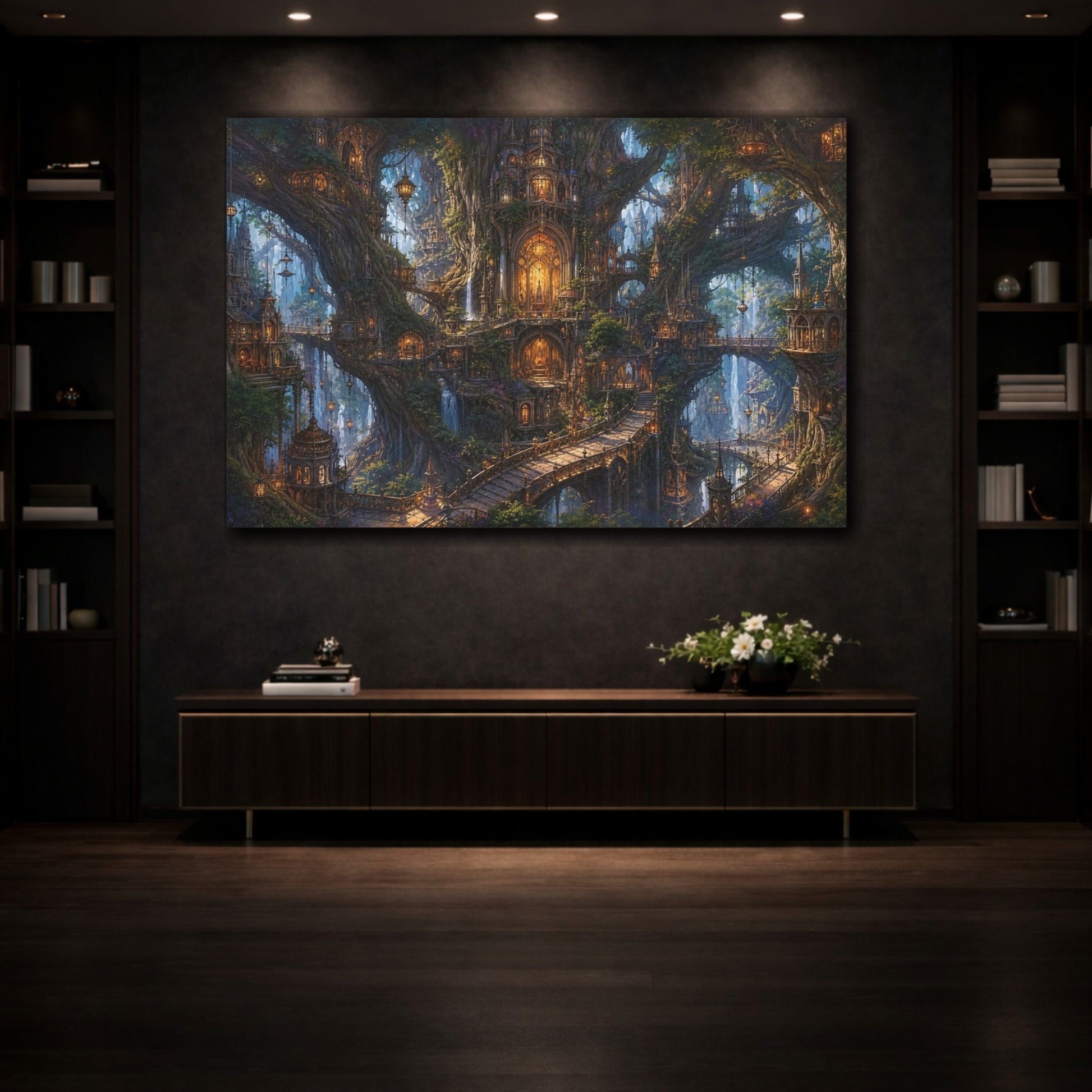 Mockup 3. Fairytale Tree City Green And Gold shown as stretched canvas wall art