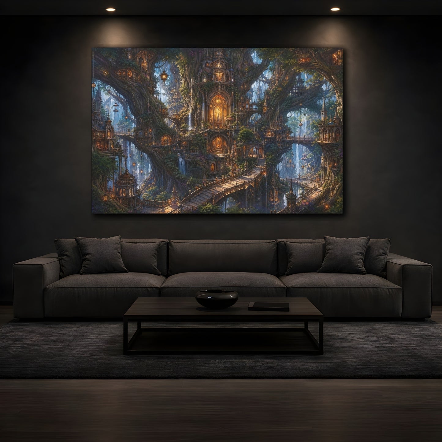 Mockup 4. Fairytale Tree City Green And Gold shown as stretched canvas wall art