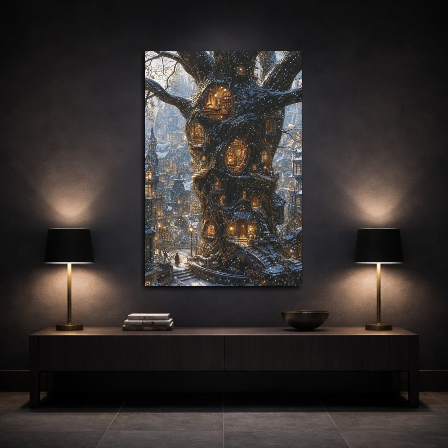 Fairytale Treehouse City Winter Tree Canvas Wall Art Print – Fantasy Living Room, Large - YesArtYes
